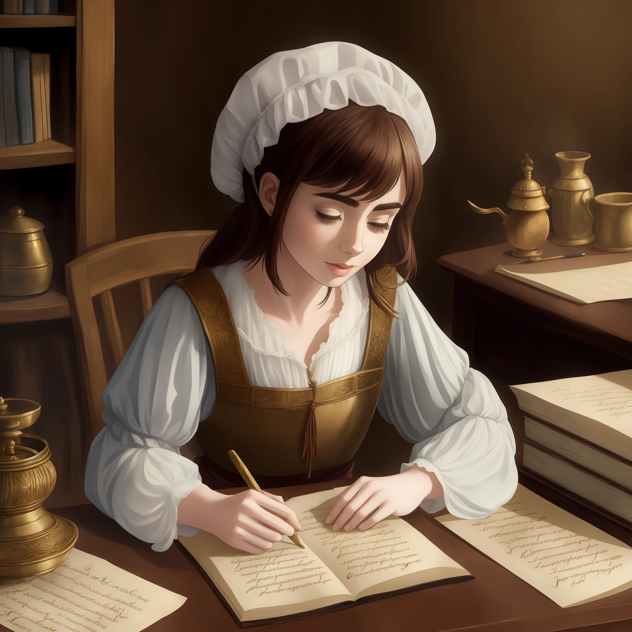 Lily Collins in medieval clothing writing on a parchment with inkwell