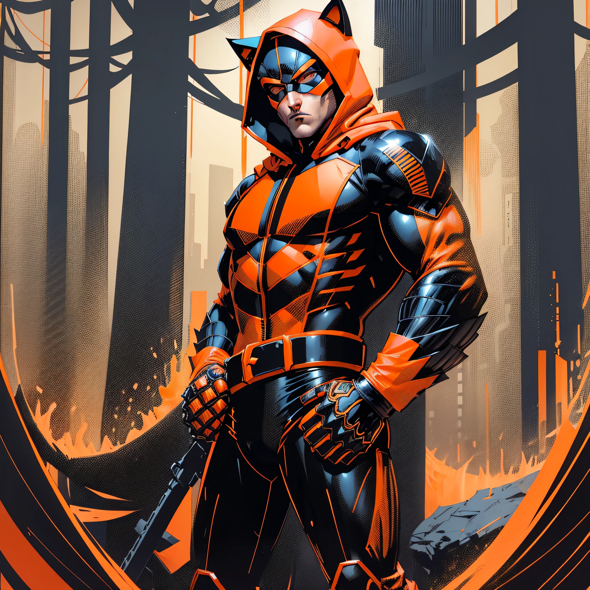 handsome man 22 years old,orange mask covering his face,hood with feline ears (orange and black hood),orange brusa,black long sleeves,orange glove with claws,orange belt,black pants,orange boot,super hero,full body,white background