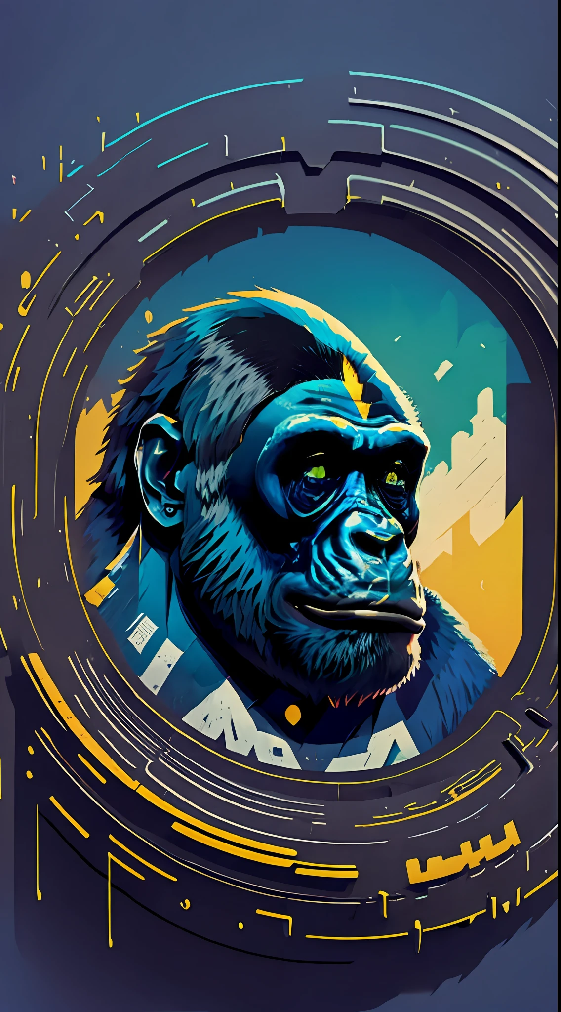 a silhouette design of a gorilla, t-shirt art, 3D vector art, beautiful and quirky, bold bright color, black background, blue and white colors, digital painting, low-poly, panoramic view, isometric style, retro aesthetic, character-focused, 8k resolution, photorealistic rendering, using 4D Cinema, front side.