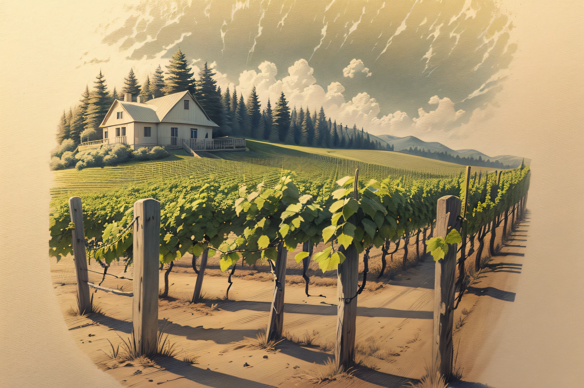 Illustration of a vineyard in pencil on yellowish old paper. --auto --s2