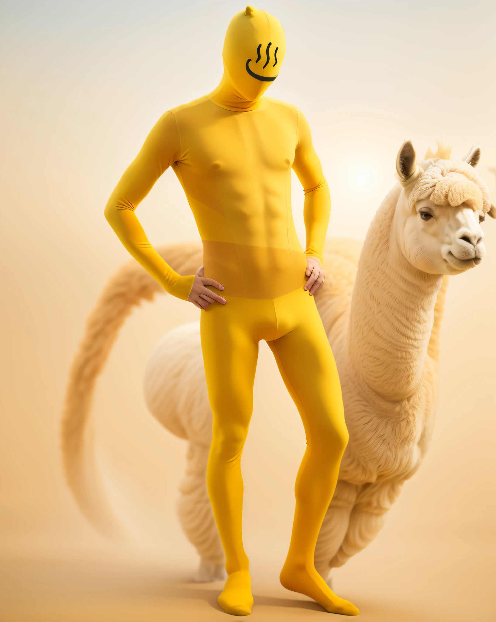 Man in yellow bodysuit, yellow body, zentai suit, full bodysuit, skin tight suit, alpaca