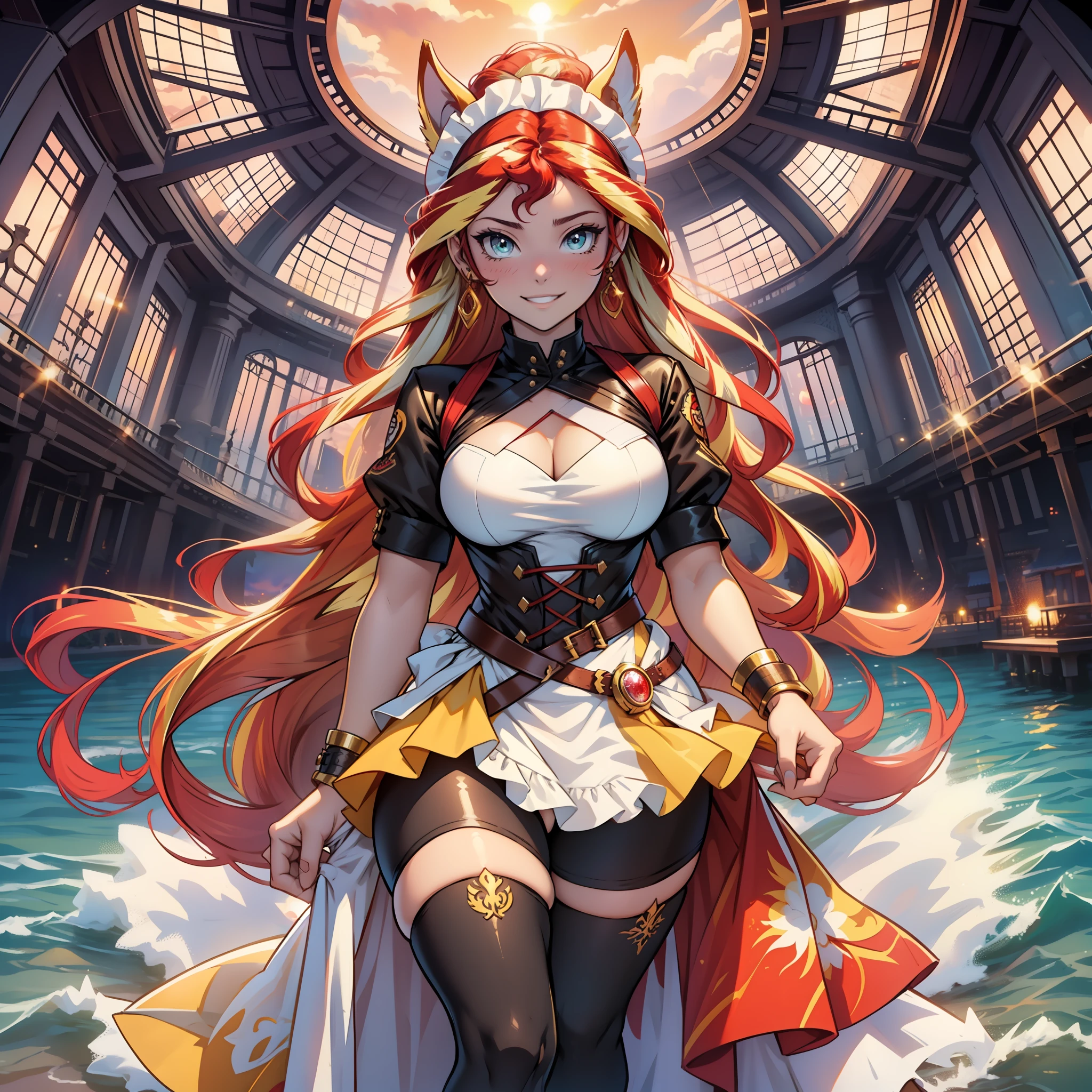 Sunsethuman, Sunset Shimmer, Sunset Shimmer from my little pony, Sunset Shimmer as a girl, medium breasts, curvy breasts, voluminous breasts, firm breasts, five fingers, detailed hands, two hair tones, red and yellow hair, happy face, maid, black and white maid outfit, standing on her feet, full-length, revealing outfit, one character, no background, no background