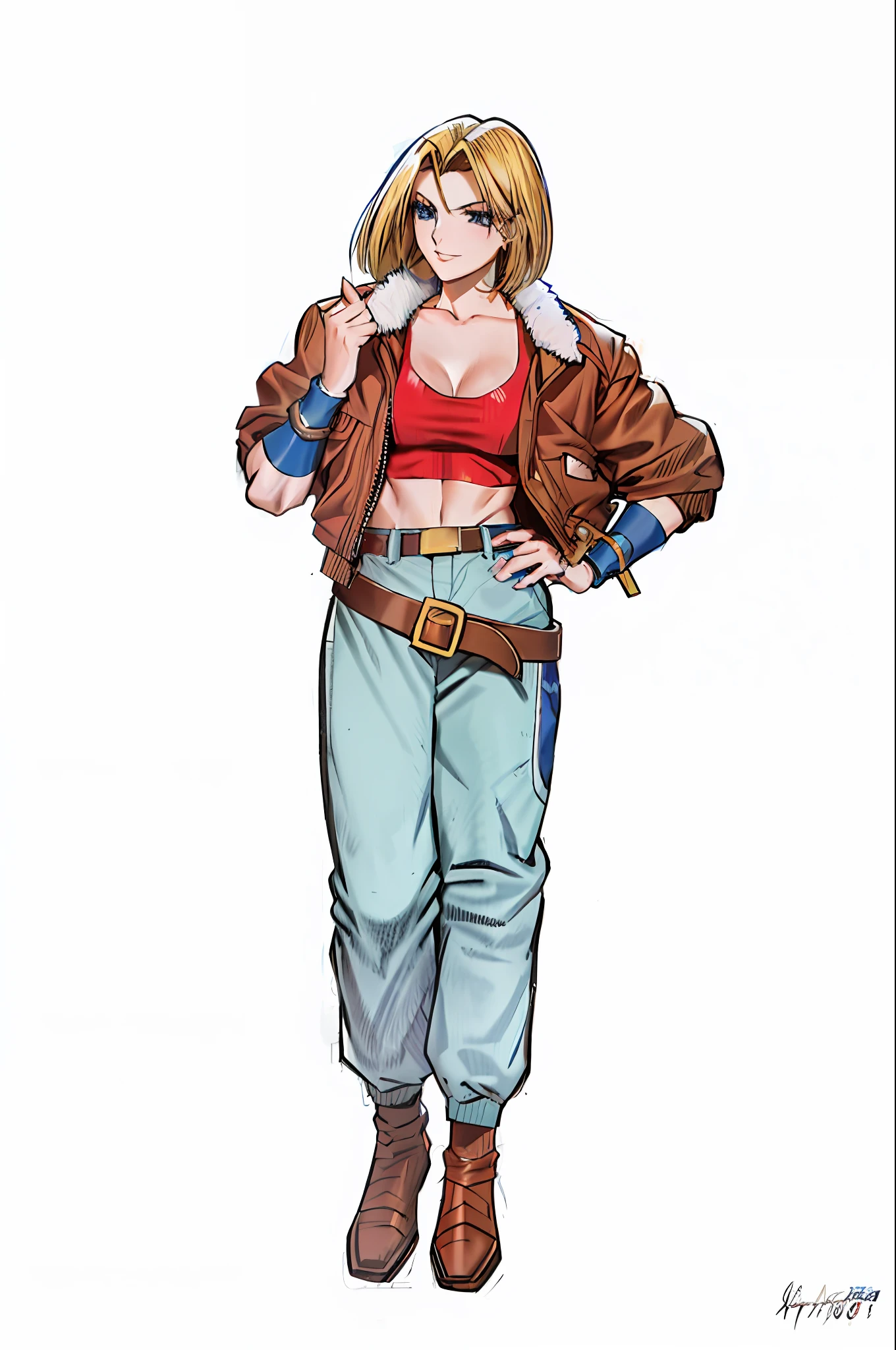 A drawing of a woman in a red top and blue pants, 90s comic book character design, Android 18, as a retro futuristic heroine, female Blue Mary, character in The King of Fighters inspired by Howard Chaikin, 1 9 9 0 s comic book style, female doctor savage, Molly from Neuromancer, as a retro futuristic heroine