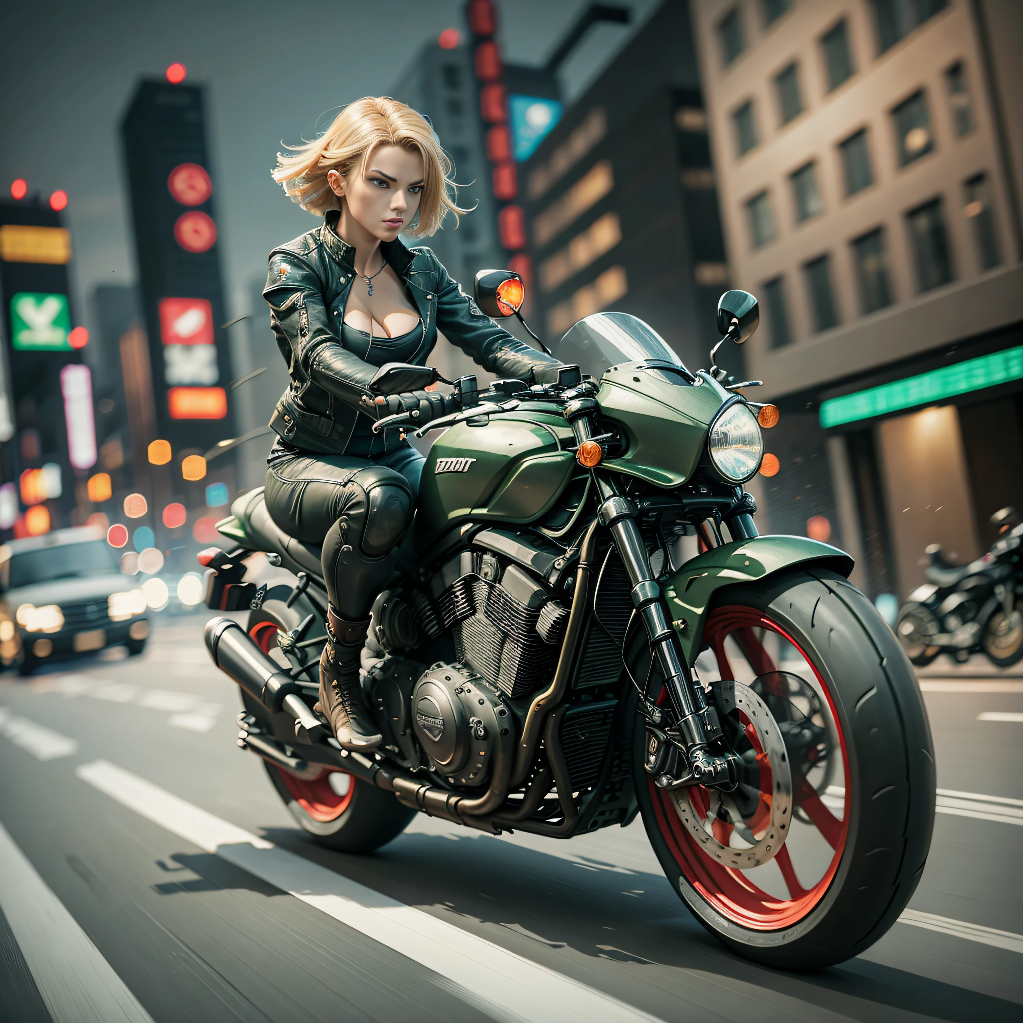 woman riding a motorcycle in a high speed chase, cyber punk, colorful lights on motorcycle, blonde short bob, green eyes, cleavage, long limbs, wearing tight fit red and black clothing , motion blur virtual effect, driving motor cycle fast down a city street at night, dramatic action scene, dark and tense, suspenseful, photo-realistic, dramatic lighting, cinematic, film grain, 4 k resolution, masterpiece, high resolution