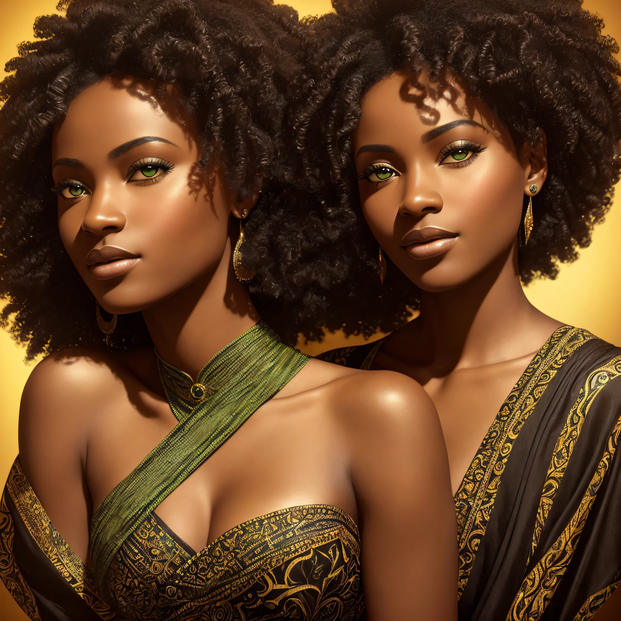 realistic photography, Bold styles, close-up face of beautiful black African woman, her hair is short and curly, her skin shines in the sun and smooth as silk, her face is beautiful with cinematic details, her eyes are vibrant and green, two sensuous garments characters from the African continent, Adobe Illustration, Tranding on Artstation, photoshop, ((masterpiece)), ((magnificent cinematic art)), by Angus McBean, lighting by REMBRANDT, 50mm bifocal lens, --no duplicated woman, -