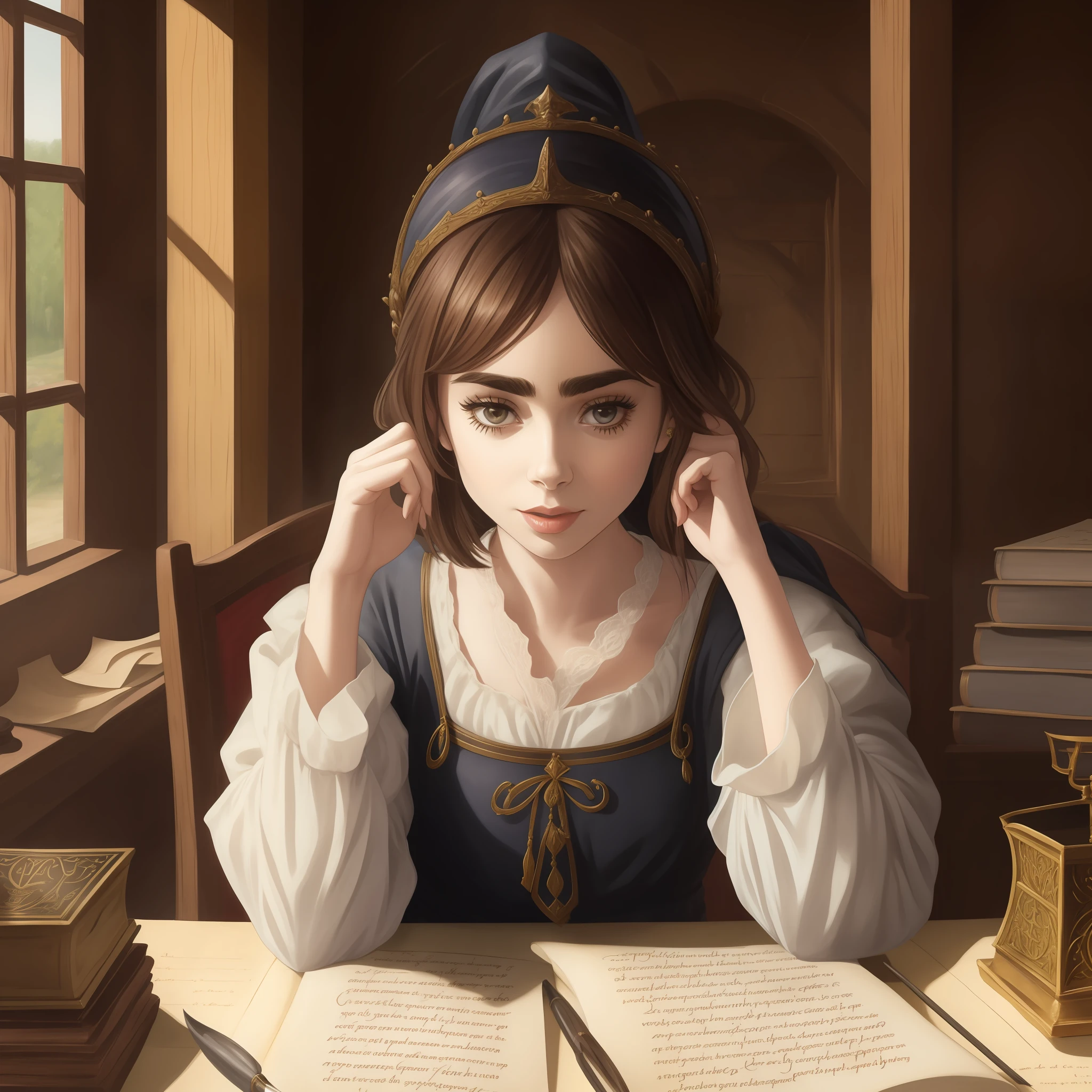 Lily Collins in medieval clothing writing on a parchment with inkwell