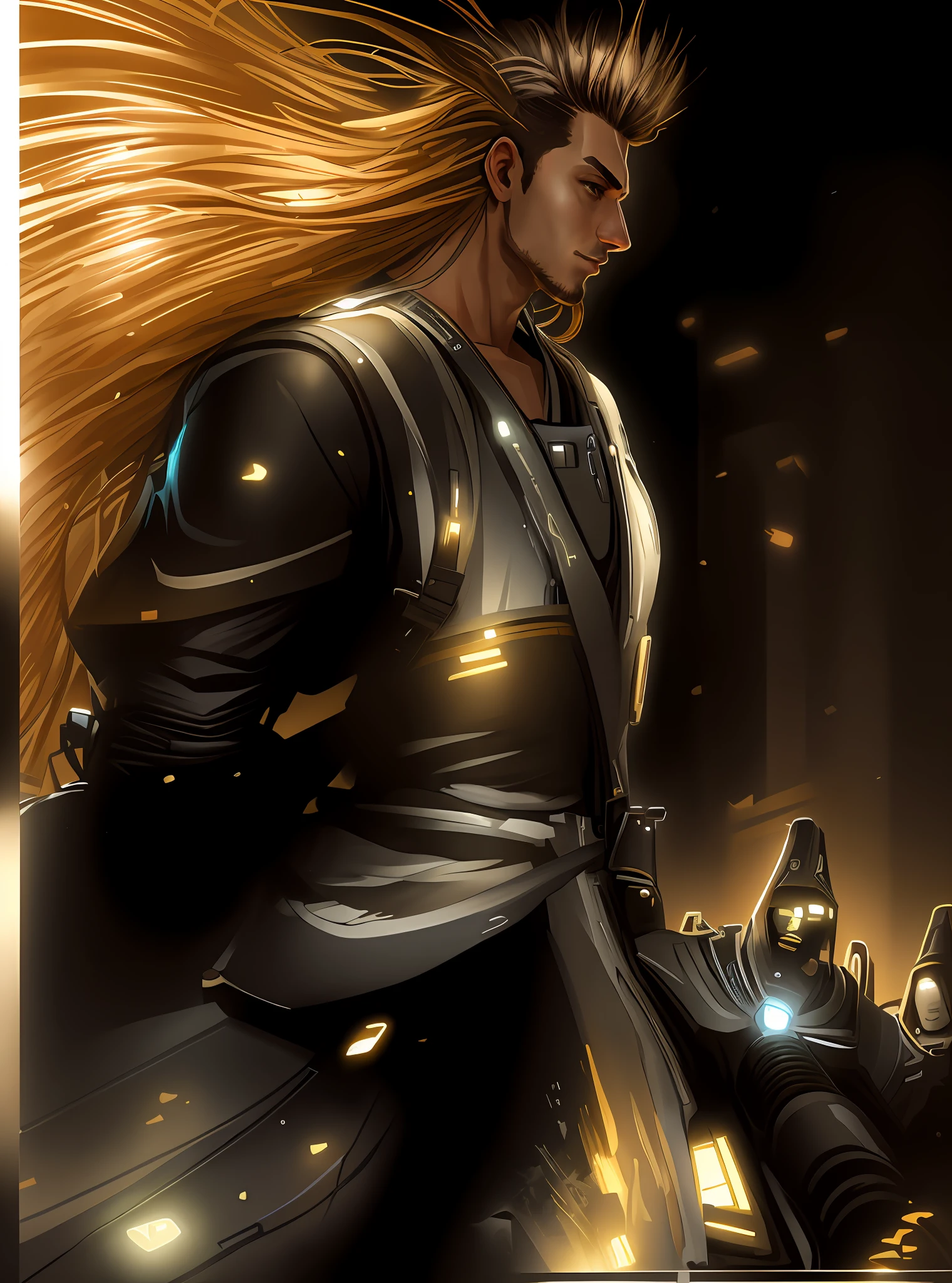 masterpiece, best quality, realistic, ultra detailed, sfw, head shot, a portrait of a young man, starsector, sci-fi style suits, hight-tech gadgets, head facing right,