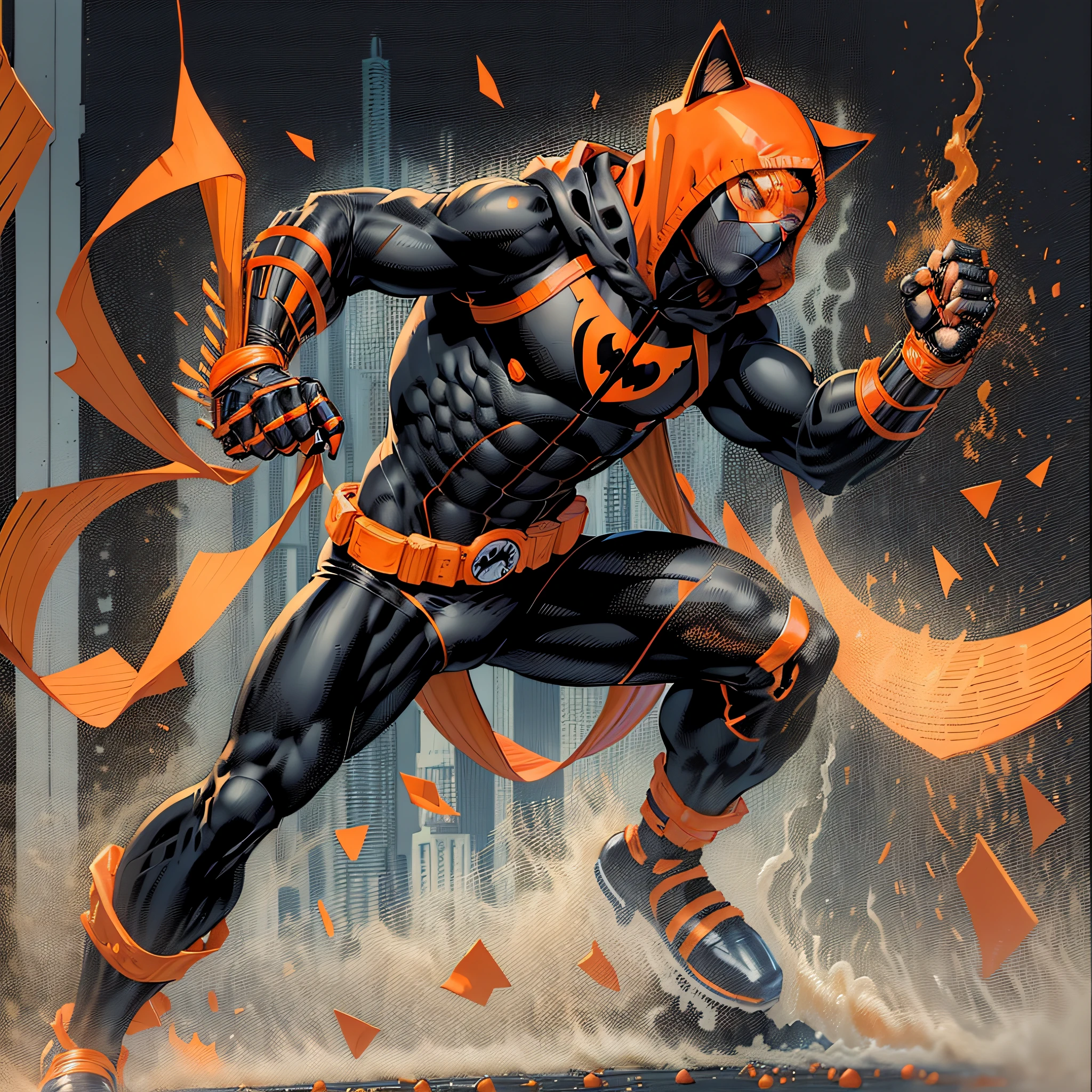 Cute young man 22 years old,orange mask covering his face,hood with feline ears (orange and black hood),orange brusa,black long sleeves,orange glove with claws,orange belt,black pants,orange boot,super hero,full body,white background --seed743690327