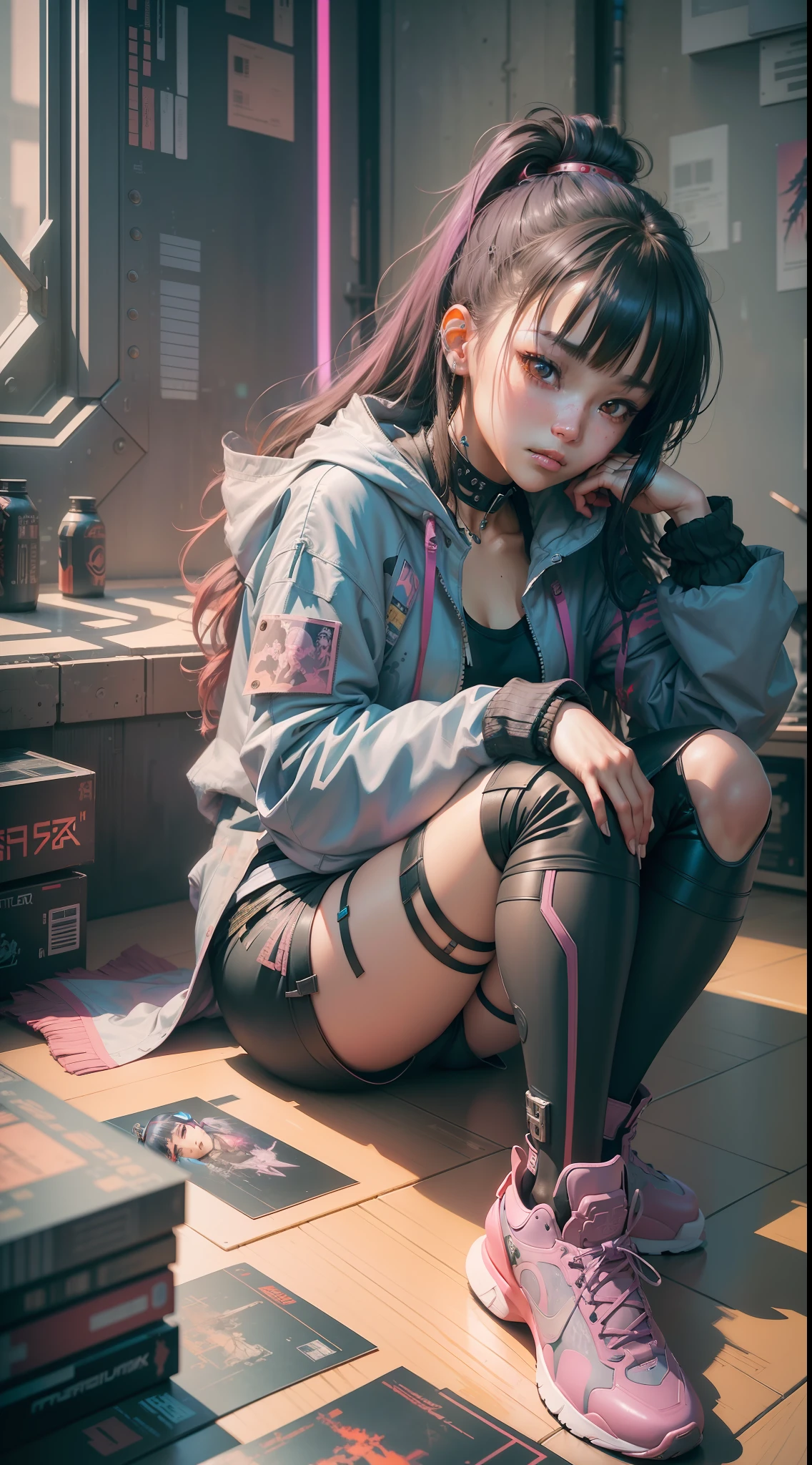 Beautiful hyperrealistic photograph of cute asian cyberpunk girl, (((sitting on floor))), wearing cyberpunk clothes, cluttered Blade Runner apartment, concept art, By Brian Froud and Carne Griffiths and Wadim Kashin and John William Waterhouse, intricate detail, 8k post-production, High resolution, super Detail, trending on ArtStation, sharp focus, studio photos, intricate detail
