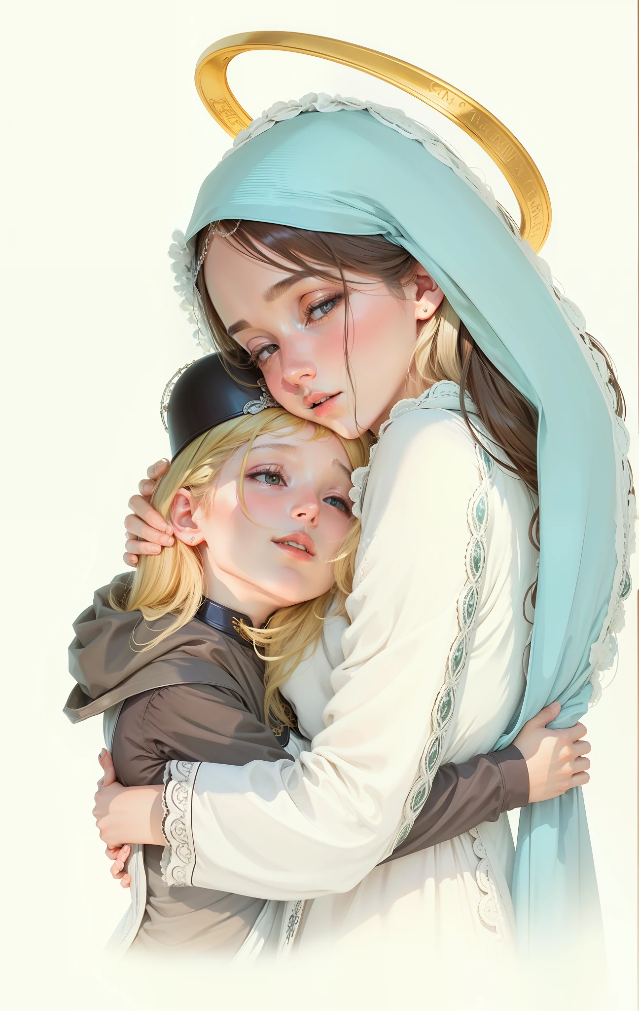 Mary mother of Jesus embracing a child in modern clothes (maternal embrace)