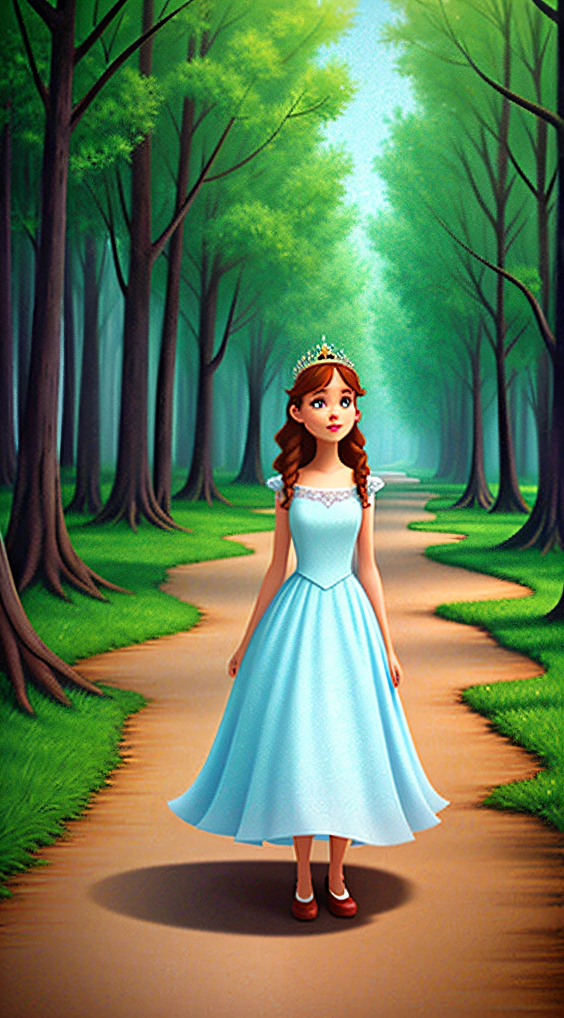 Create a full-length Pixar-style princess strolling through the enchanted woods