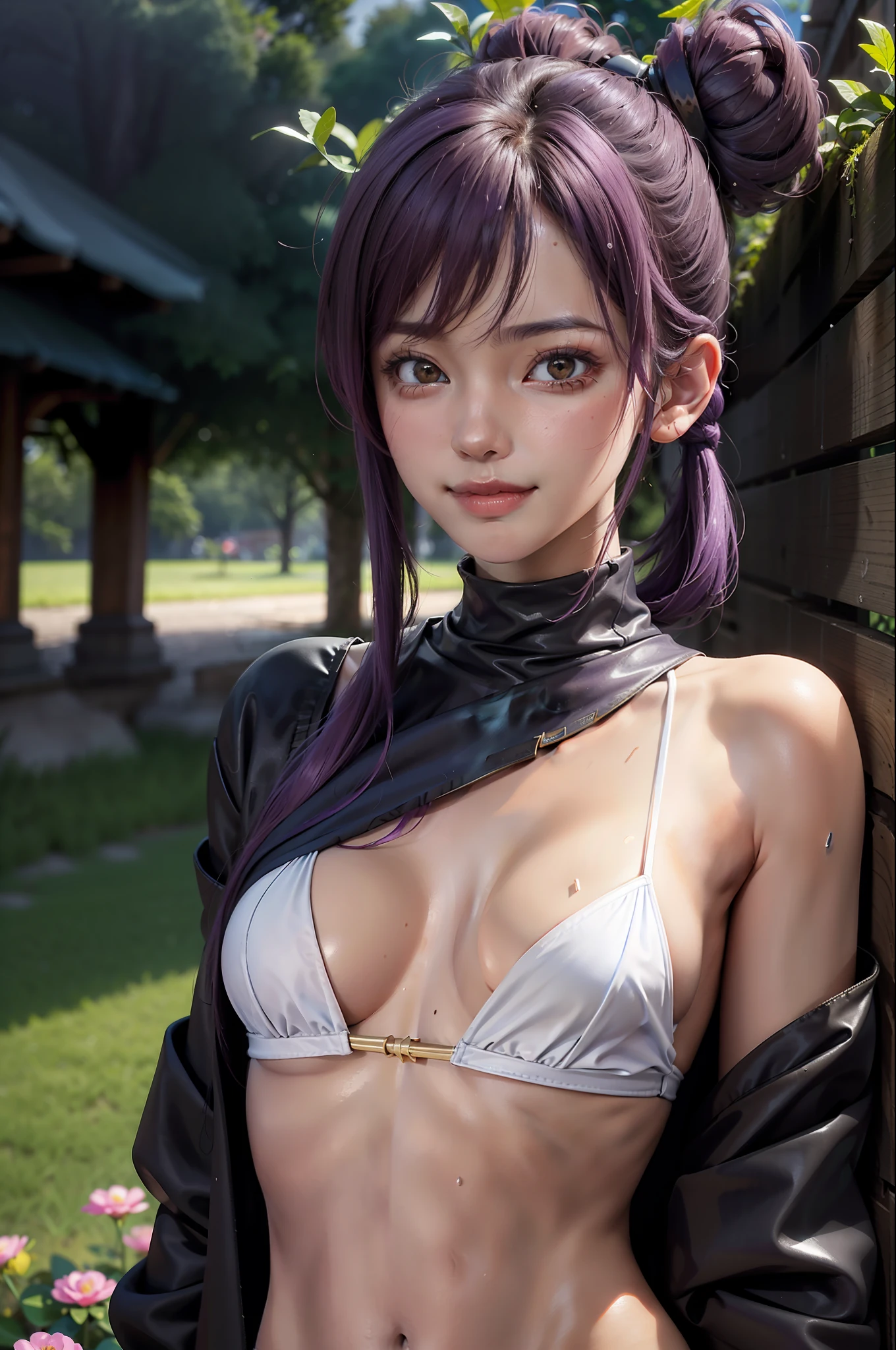 (Best Quality: 1.1), (Masterpiece: 1.2), Portrait,
1 Girl, yuzuriha_, Purple hair, Brown eyes, Ninja, Open clothing, Cleavage, Small tits, Top knots, Mid hair, Detached breasts, White band, Grinning, Outdoors, (blush:1.1), Flowers,
Pure_Innocent_girl, pureerosface_v1, ((torso))), subjective, ((((depth of field)))), pale and shiny skin, , sweating, wet skin