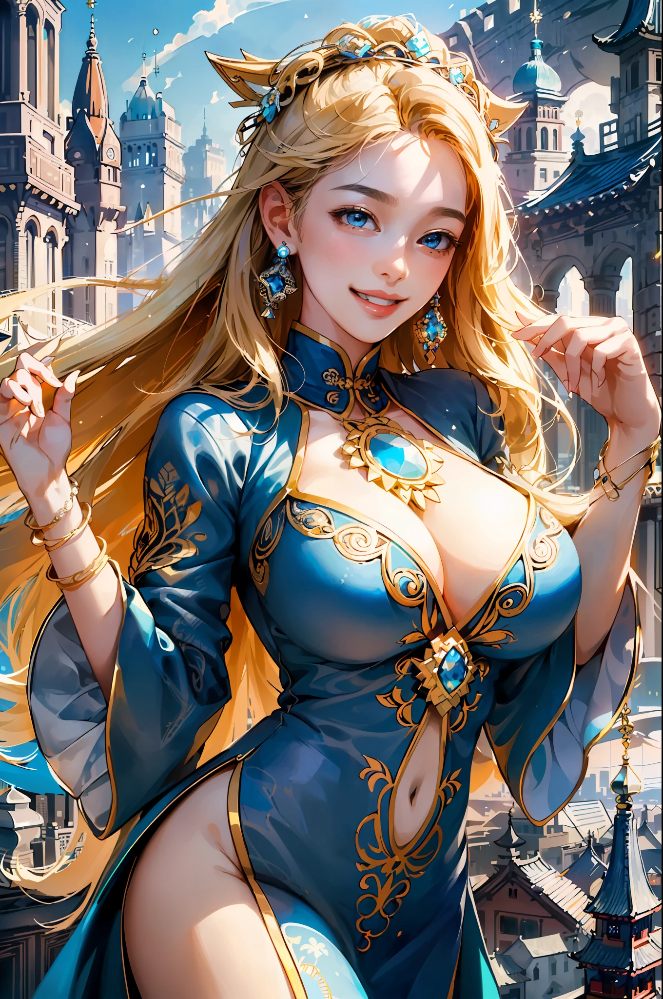 Extreme aesthetics, masterpiece, best quality, (zentangle, mandala, tangled, entangled), (masterpiece, sharp focus, (beautiful gorgeous and cute Korean beautiful girl: 1.3), (beautiful and cute Korean: 1.3), Korean beautiful girl, delicate beautiful hair and shining eyes, realistic, super detailed, blue sky, glowing white particles, (sidelighting: 1.2), slender, cute big breasts and big buttocks, toothy laugh, ((laughing eyes open)), ((noble and elegant smile)), landscape, sexy facial expression, architecture, (cityscape:1.7), dynamic hair, fine blonde wavy hair, glowing blue eyes, pale skin, hair accessories, office scenery, (zentangle, mandala, tangled, entangled), (fractal art: 1.3), 1girl, very detailed, dynamic angle, art, 16k, wallpaper, super detailed, cowboyshot, elegant, bright colors, Romantic, atmospheric, masterpiece, masterpiece:1.2, best quality), (real picture, meticulously crafted, depth of field), cleft lip, high detail, perfect face shape, perfect body, oversize model, (((extra-huge breasts))), (sexualism 0.8), style natural background bokeh, complete hands,