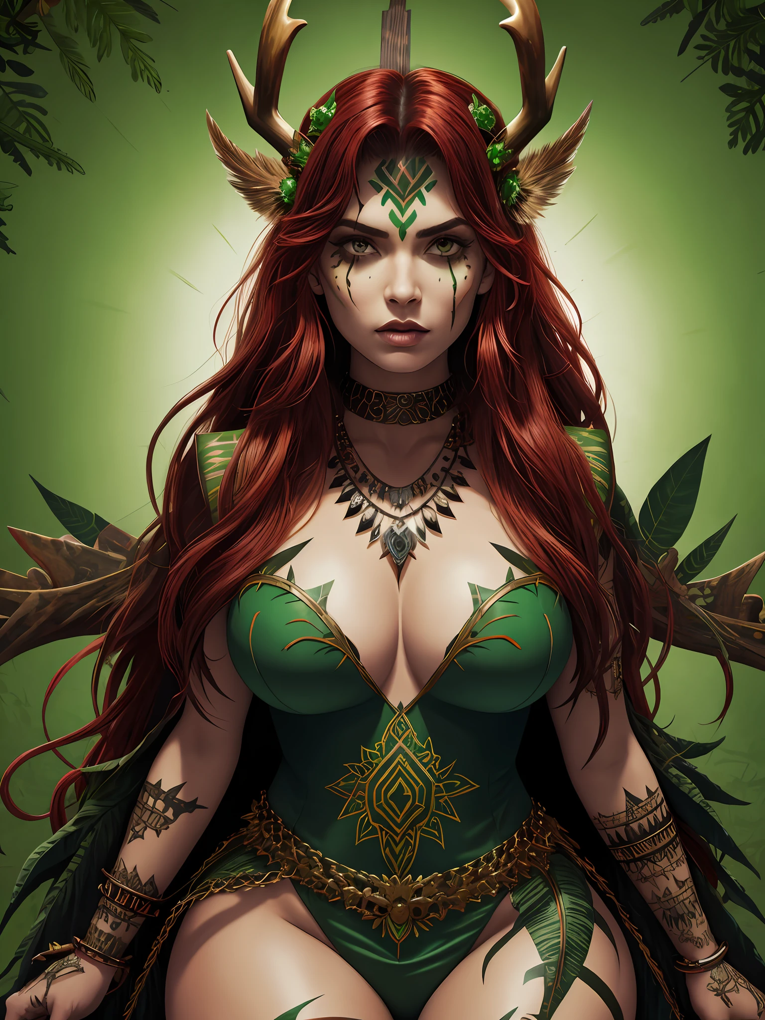 (green skin:1.2), thick thighs, wide hips, 8k, huge resolution, cleavage focus, angry expression, (antlers:1.2), leaf dress, (plant girl:1.2), nighttime, red hair styled in loose waves, thick brows, bone tooth necklace, hide cloak, fur trim collar, tribal jewelry, (tribal war paint:1.2), skulls, (gothic style:1.2), (dark makeup:0.8), (dark forest background:0.8), thorns, misty background,