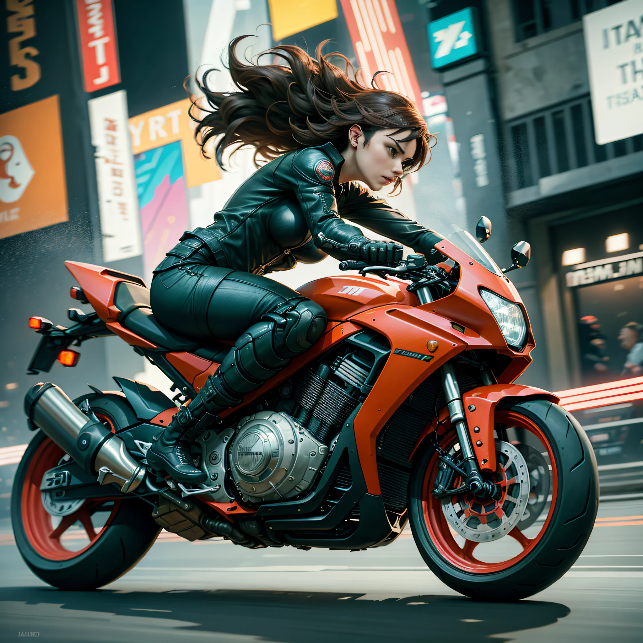 woman riding a motorcycle in a high speed chase, cyber punk, colorful lights on motorcycle, wearing tight fit red and black clothing, motion blur virtual effect, driving motor cycle fast down a city street at night, dramatic action scene, dark and tense, suspenseful, photo-realistic, dramatic lighting, cinematic, film grain, 4 k resolution, masterpiece, high resolution