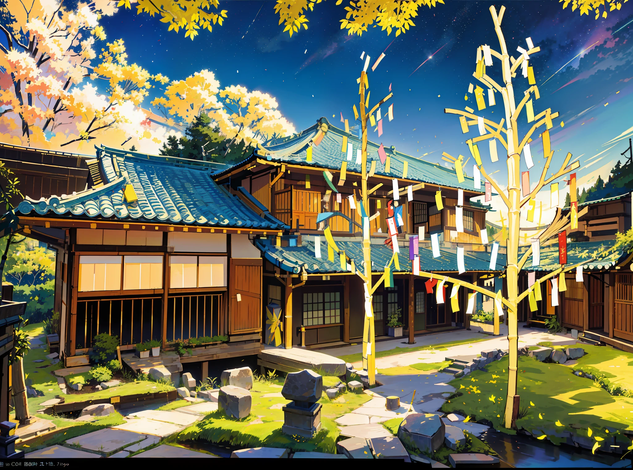((masterpiece)),best quality, ultra-detailed,high precision,Tokyo atmosphere,traditional Japanese homes],Tanabata ,Bamboo leaves、Tanabata decoration,[-:](bamboo with colorful strips of red& blue&yellow&white&black),positive emotion],outdoors[location],evening, Night sky, wide sky, enclosed sky, pale shade, pale hue, Optimistic [情绪], storehouse building with white wall on the right, stone desk, stone chair, bright garden, fantastic color sky, (sandy ground)