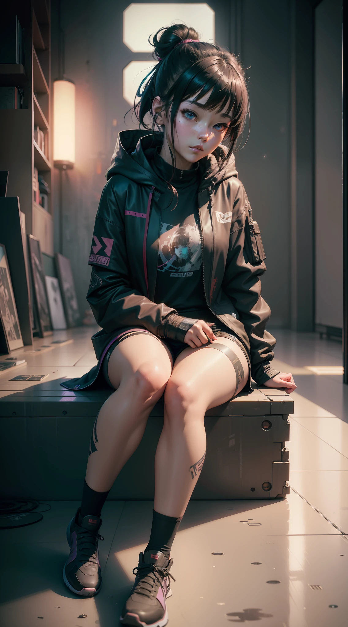 Beautiful hyperrealistic photograph of cute asian cyberpunk girl, (((sitting on floor))), wearing cyberpunk clothes, cluttered Blade Runner apartment, night time, concept art, By Brian Froud and Carne Griffiths and Wadim Kashin and John William Waterhouse, intricate detail, 8k post-production, High resolution, super Detail, trending on ArtStation, sharp focus, studio photos, intricate detail