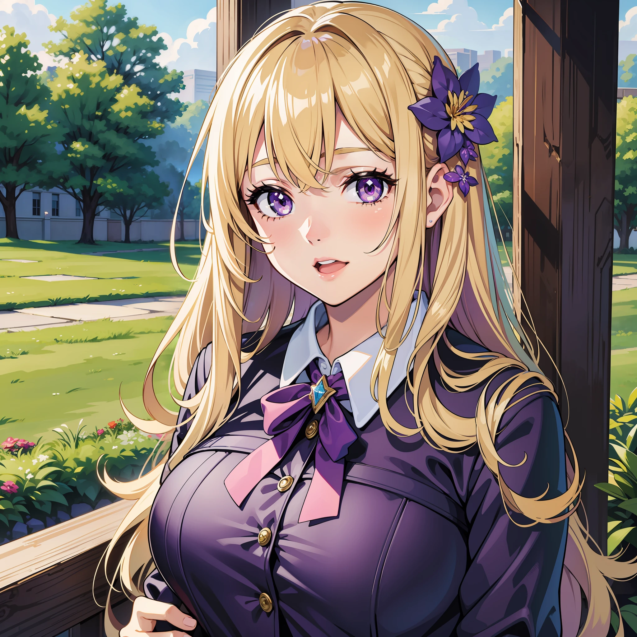 (masterpiece), best quality, high resolution, extremely detailed, stunningly beautiful, 1girl, solo, outdoor setting, upper body shot, long blonde hair, purple eyes with glittery, galaxy-like effect, cute, youthful, energetic, extroverted, dorky, schoolgirl chic.