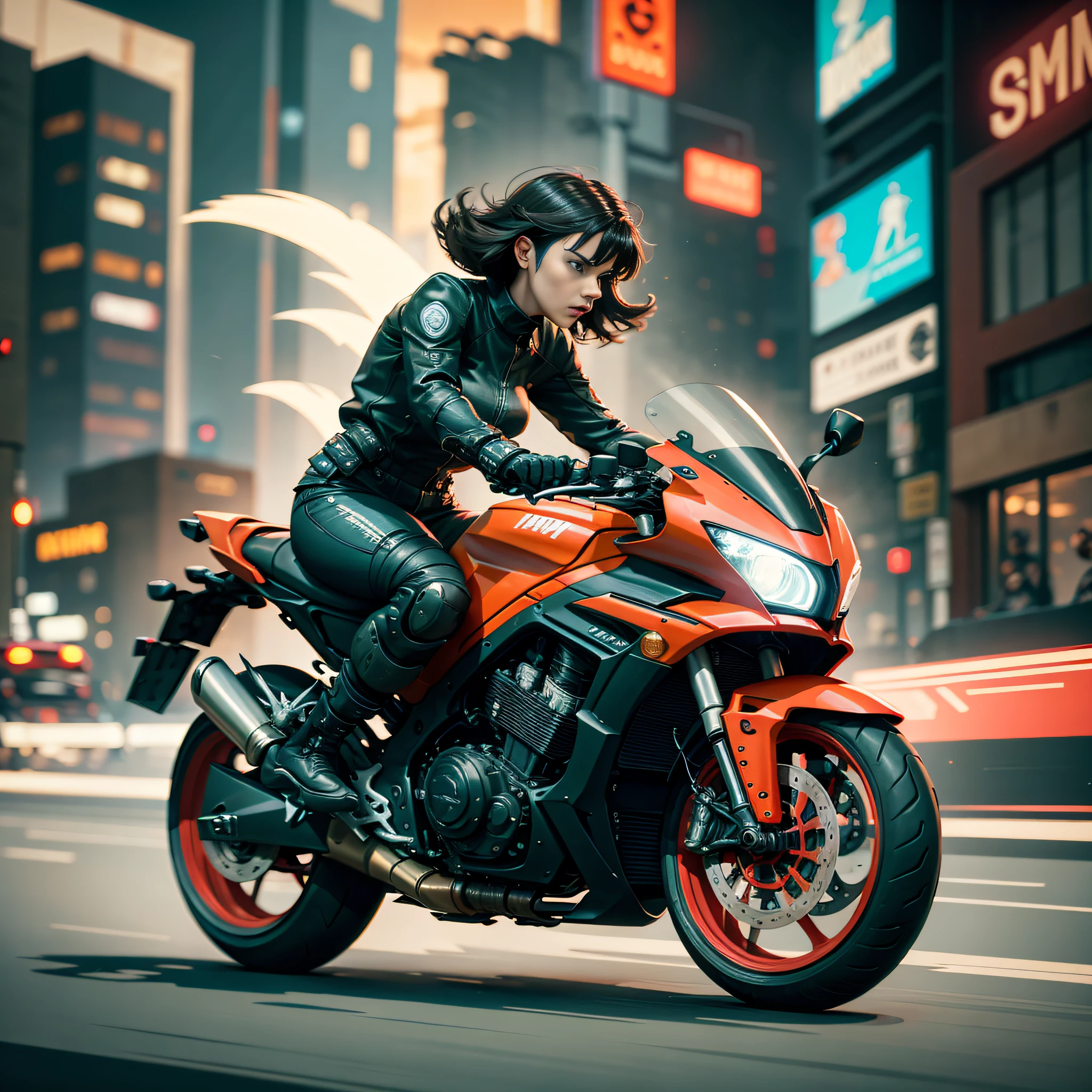 woman riding a motorcycle in a high speed chase, cyber punk, colorful lights on motorcycle, wearing tight fit red and black clothing, motion blur virtual effect, driving motor cycle fast down a city street at night, dramatic action scene, dark and tense, suspenseful, photo-realistic, dramatic lighting, cinematic, film grain, 4 k resolution, masterpiece, high resolution