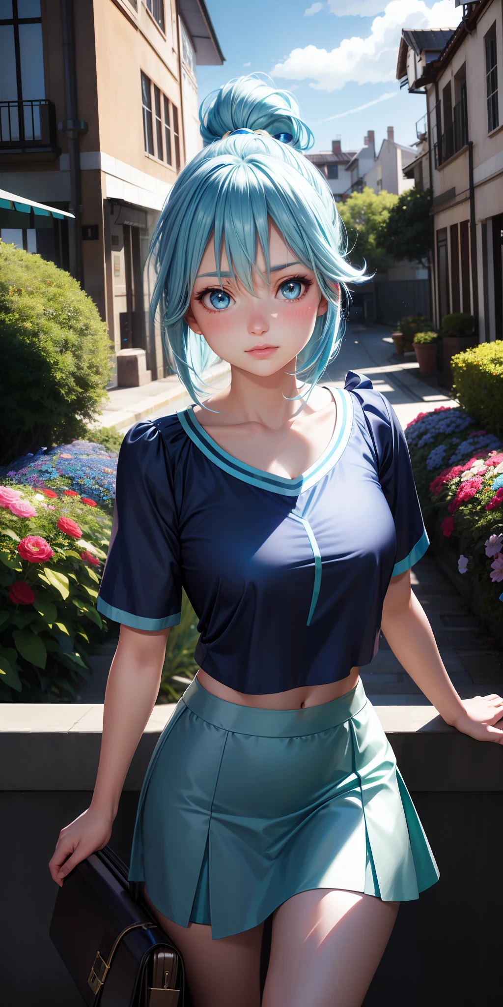 realistic, Aqua_konosuba, light blue hair, blue eyes, bright eyes, cropped top, skirt, lips parted, blush, night, flowers, sun, sunlight.