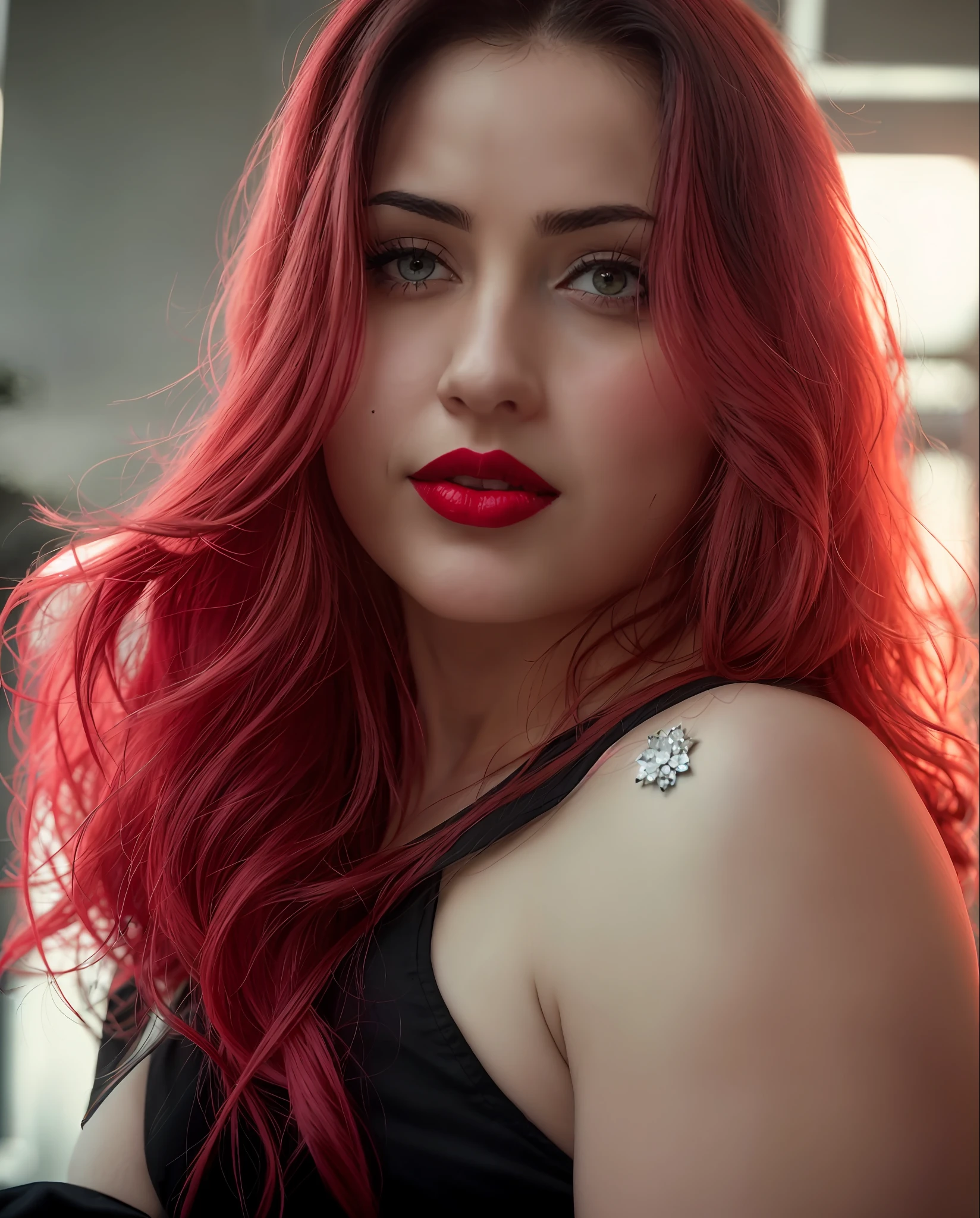 there is a woman with red lipstick and a black top, thick red lips, sexy red lips, profile picture, red lips, deleniado, pale-skinned persian girl, sexy look, sexy look for the camera, high quality grainy, close-up photo of the cinematic goddess, ayahausca, thick lips, sexy face, angelawhite, inspired by Elsa Bleda