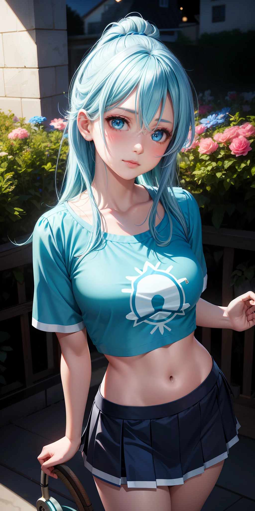 realistic, Aqua_konosuba, light blue hair, blue eyes, bright eyes, cropped top, skirt, lips parted, blush, night, flowers, sun, sunlight.