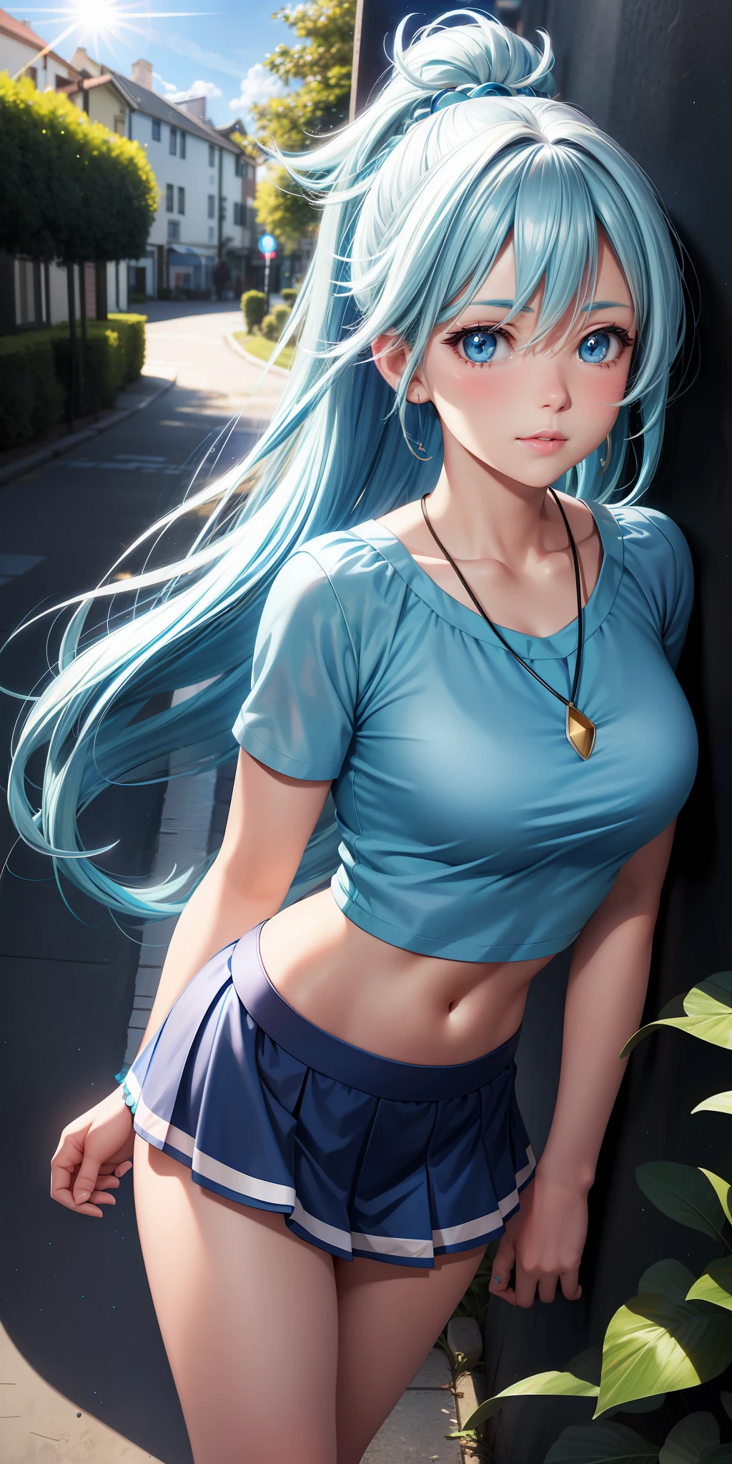 realistic, Aqua_konosuba, light blue hair, blue eyes, bright eyes, cropped top, skirt, lips parted, blush, night, flowers, sun, sunlight.