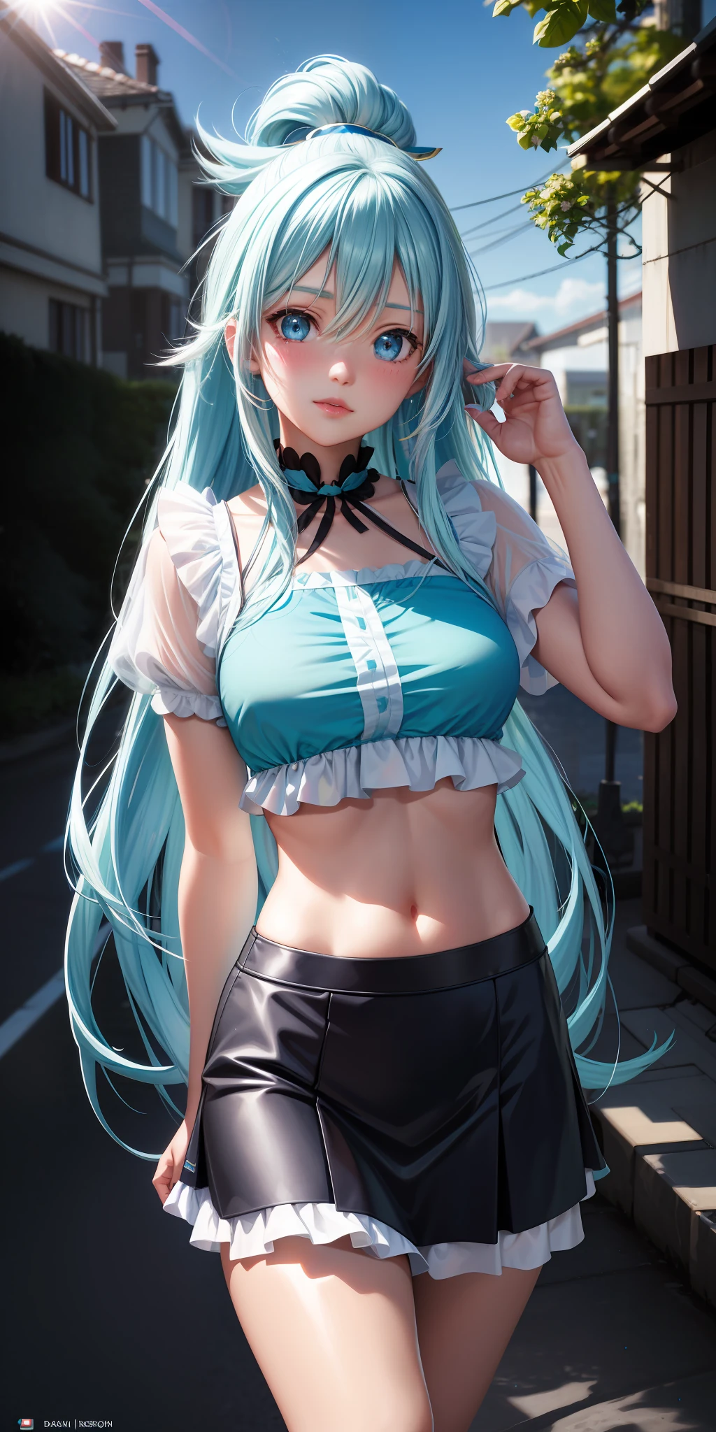 realistic, Aqua_konosuba, long light blue hair, blue eyes, bright eyes, cropped top, skirt, lips parted, blush, night, flowers, sun, sunlight.