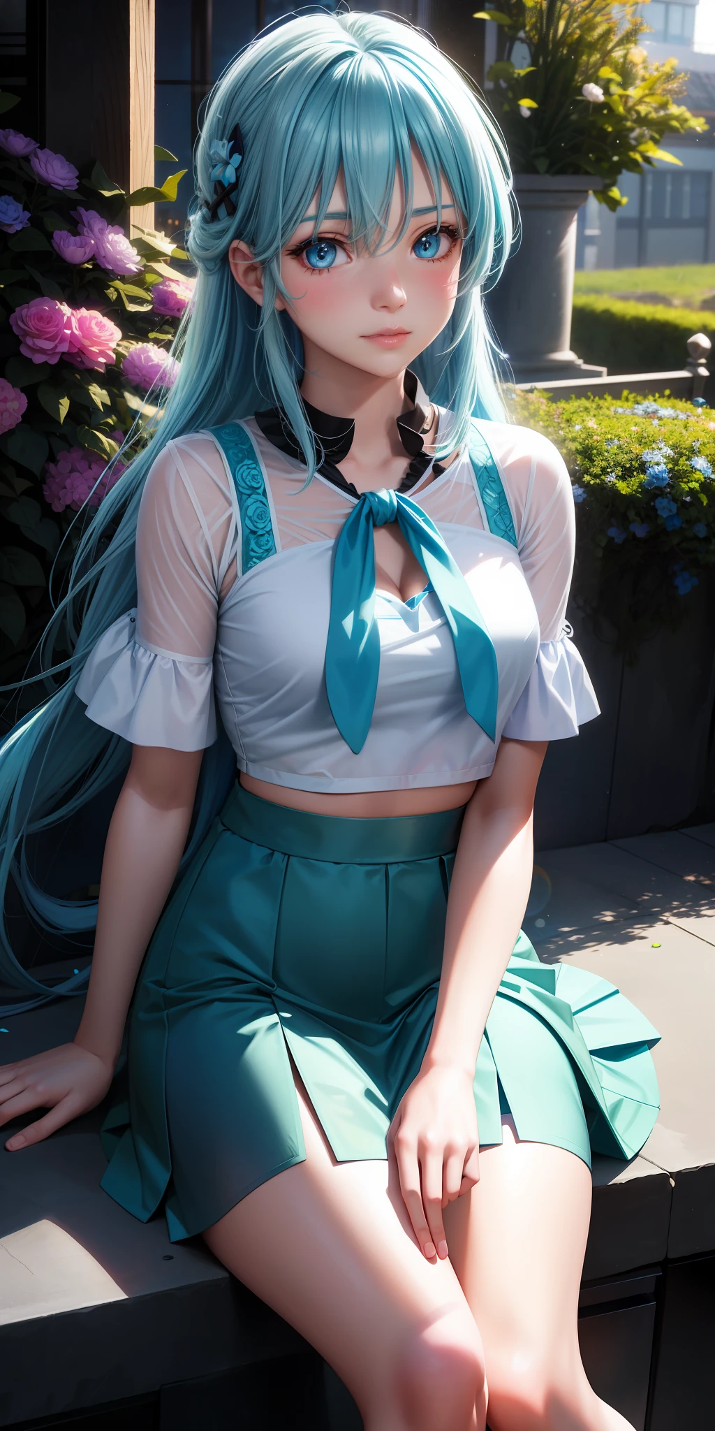 realistic, Aqua_konosuba, long light blue hair, blue eyes, bright eyes, cropped top, skirt, lips parted, blush, night, flowers, sun, sunlight.