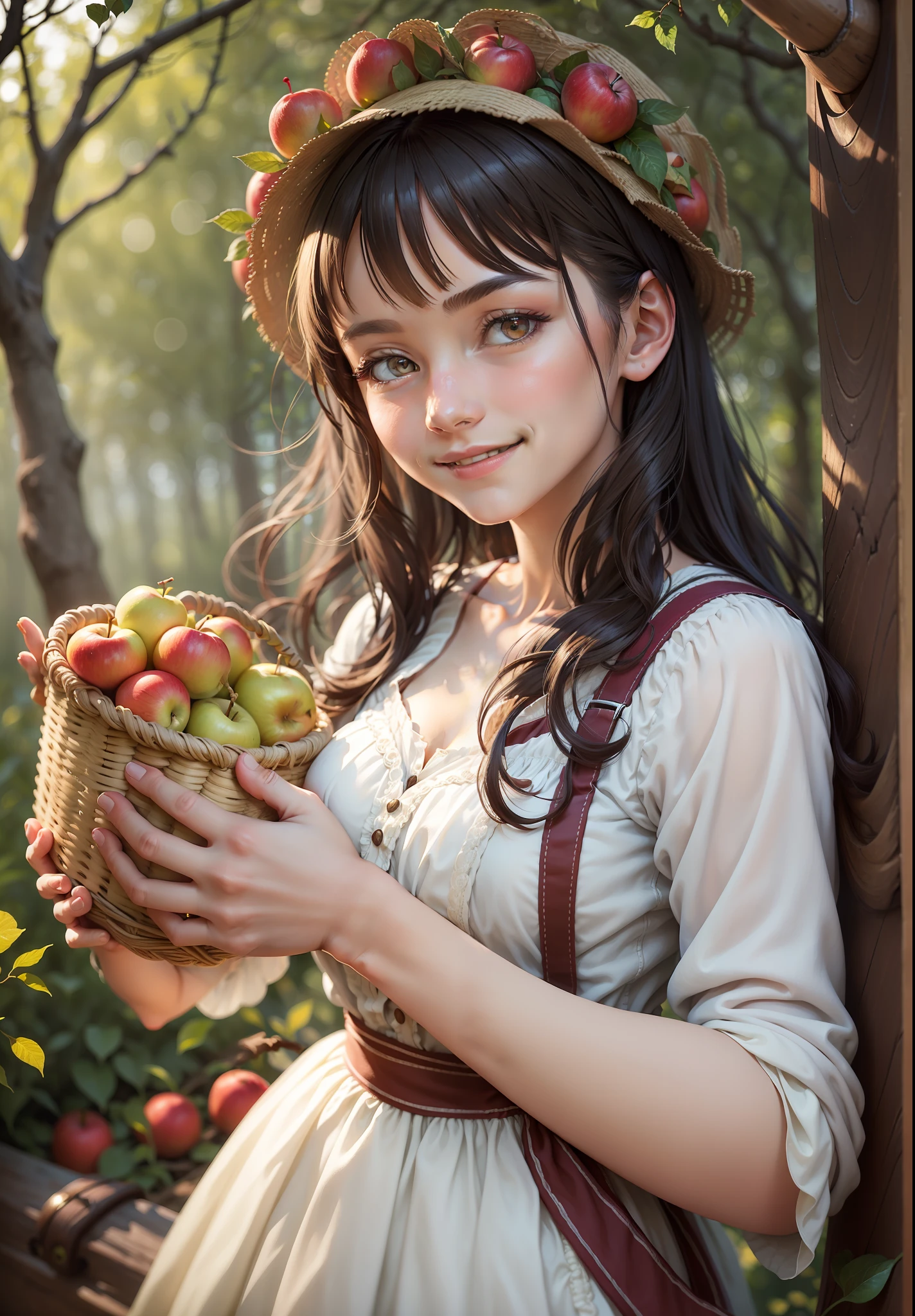 "((best quality)), ultra-detailed, close-up on Beautiful peasant girl, floral dress, smiling, in a forest, holding a basket of apples, soft lighting, bokeh effect, cool and cozy weather"