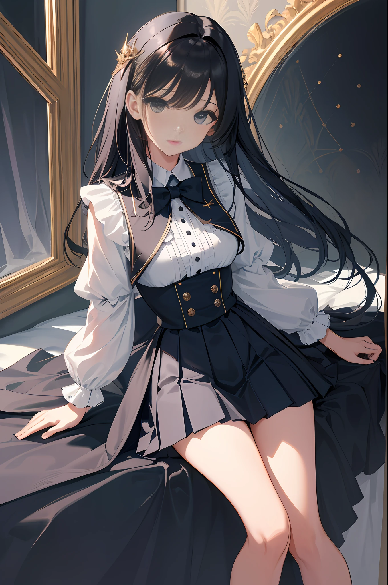 (Original) , (Very detailed wallpaper) , (Best quality) , (Masterpiece) , Photo reality, Real, Very detailed illustration , Beautiful eyes, (Delicate face) , Perfect detail, (best lighting) , (Ultra intricate detail) , Ultra detailed, Docile woman,Full body, Dark blue long skirt, pleated skirt, blouse, 25 years old, black hair, slim body, small, dynamic angle, Soft light, 4K unification, (super detail CG: 1.2), (8K: 1.2), realistic,