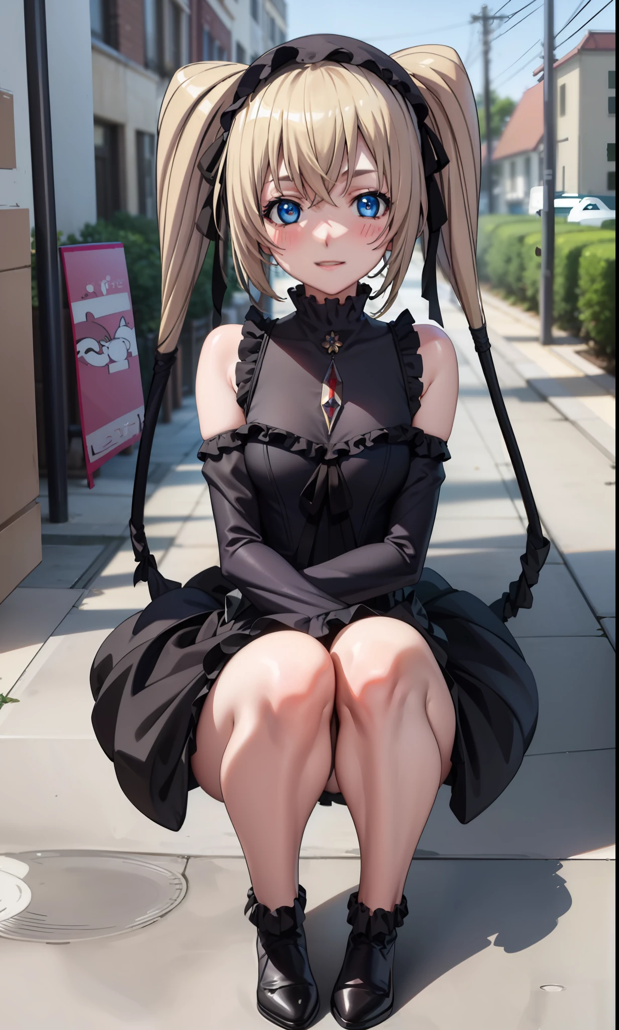 (best quality:1.1), (masterpiece:1.4), (absurd:1.0), portrait, close-up, 1girl, Ekaterina Kuraye, Twintails, low tied_long_hair, hair ends, very long hair, blonde hair, small breasts, blue eyes, black dress, maid's headdress, neck ribbon, wide hips, looking at the viewer, on the street, (blush: 1.2), city, smile, erotica
