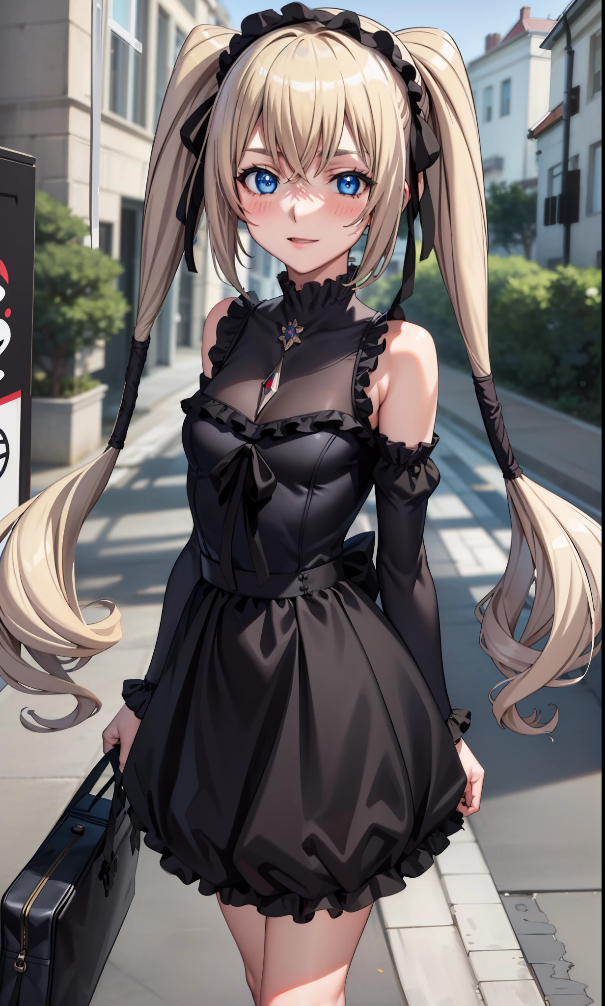 (best quality:1.1), (masterpiece:1.4), (absurd:1.0), portrait, close-up, 1girl, Ekaterina Kuraye, Twintails, low tied_long_hair, hair ends, very long hair, blonde hair, small breasts, blue eyes, black dress, maid's headdress, neck ribbon, wide hips, looking at the viewer, on the street, (blush: 1.2), city, smile, erotica