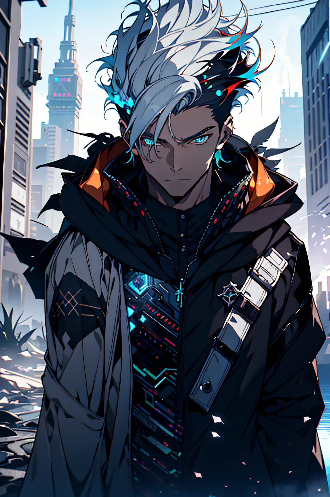 Cyberpunk male, fantasy world, dark background, clean design, epic instagram, artstation, colorful paint splatter, silhouette, hyper detailed intricate details, unreal engine, fantasy, intricate details, splash screen, complementary colors, Fantasy concept art, 8k resolution, deviantart masterpiece, oil painting, heavy strokes, paint dripping, (isolated on white background: 1.3), rainbow skin, (((handsome young man))), ((age:1.5) ), (glowing blue eyes), ((light eyes)), ((((short white hair: 1.1))), ((black clothes)), (prince\\(indifferent expression\\),, ( ((Wears high detail luxurious black robe))), white hair, frost magic, ((chest) --v 6