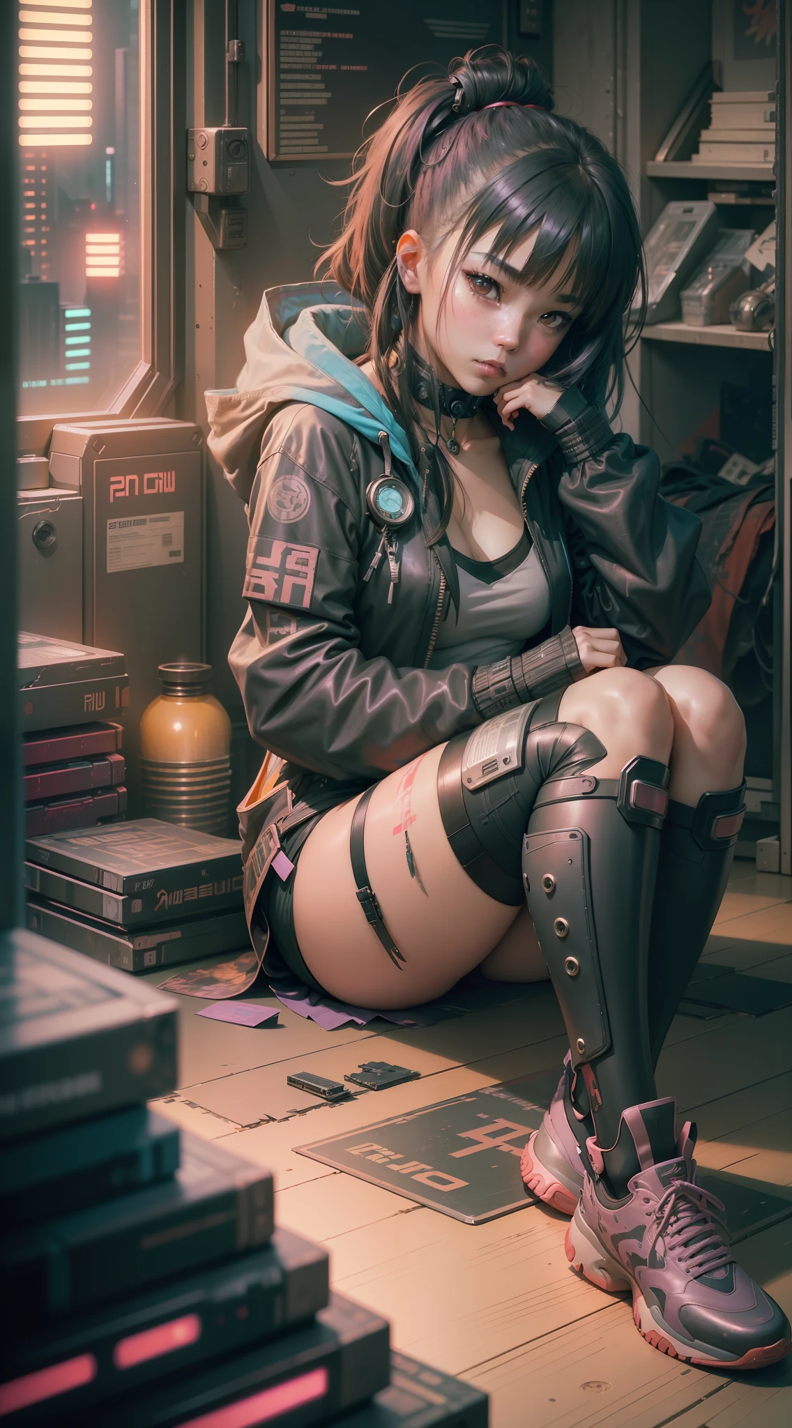 Beautiful hyperrealistic photograph of cute asian cyberpunk girl, (((sitting on floor))), wearing cyberpunk clothes, cluttered Blade Runner apartment, night, concept art, By Brian Froud and Carne Griffiths and Wadim Kashin and John William Waterhouse, intricate detail, 8k post-production, High resolution, super Detail, trending on ArtStation, sharp focus, studio photos, intricate detail