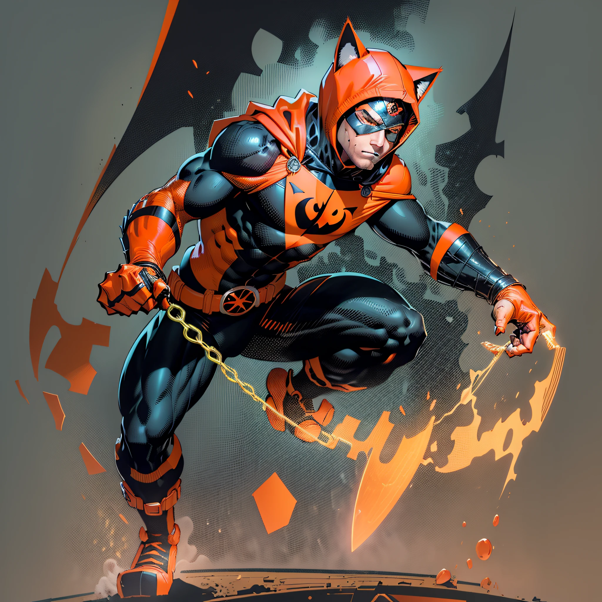 Cute young man 22 years old,orange mask covering his face (his mask has green lenses),hood with feline ears (orange and black hood),orange brusa,black long sleeves,orange glove with claws,orange belt,black pants,orange boot,Super Hero,full body,white background --seed771126632