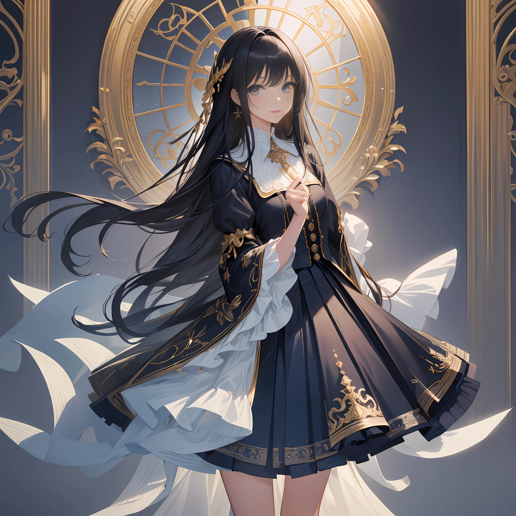 (Original) , (Very detailed wallpaper) , (Best quality) , (Masterpiece) , Photo reality, Real, Very detailed illustration , Beautiful eyes, (Delicate face) , Perfect detail, (best lighting) , (Ultra intricate detail) , Ultra detailed, Docile woman,Full body, Dark blue long skirt, pleated skirt, blouse, 25 years old, black hair, slim body, small, dynamic angle, Soft light, 4K unification, (super detail CG: 1.2), (8K: 1.2), realistic,