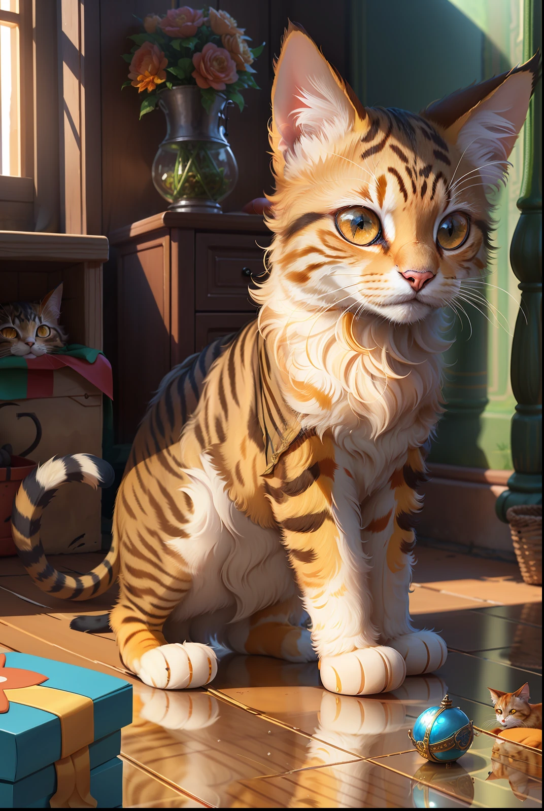 An orange yellow-eyed cat standing in a merchant's capus. Silky hairs highlighted by a yellow illumination of the sun. A tomato sprinkles red on one of the fluffy paws. 4k, highly detailed in the eyes