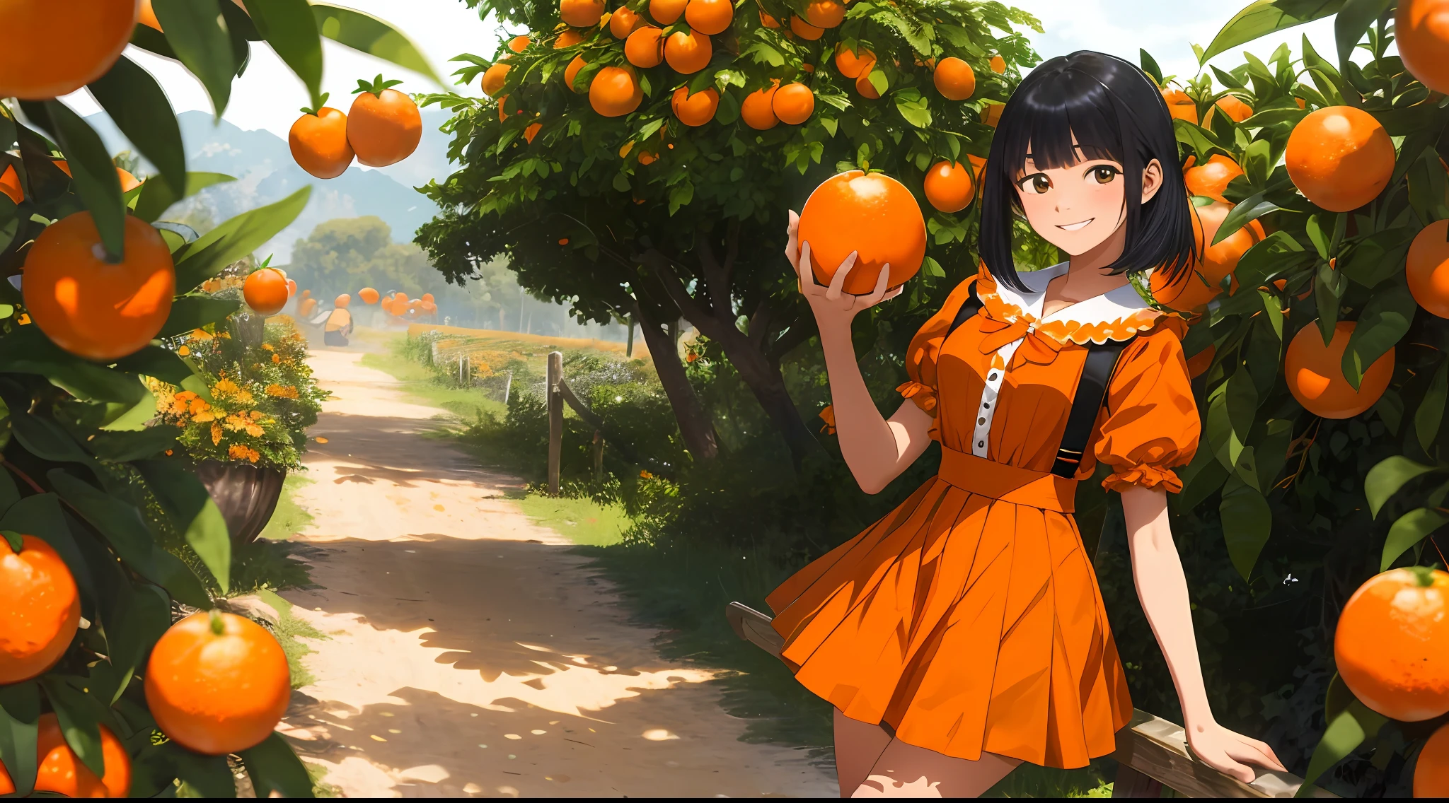 Masterpiece, best quality, 1 girl, very pretty girls at 18 years old, smile, working in the mandarin orange field on the hill, wearing orange dress of mini skirt, black hair, bob hair, mandarin oranges are uniform in size, wearing orange cup, the size of mandarin oranges is uniform with a diameter of 10 cm, perfect anatomy