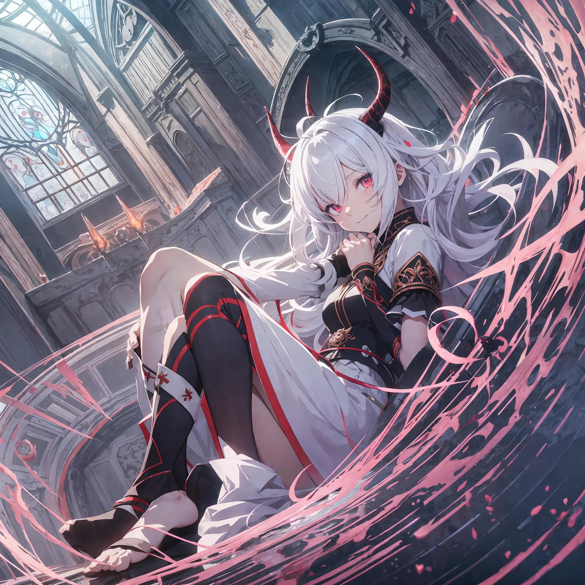 Sit on the throne and bend your legs, Hands support your head, male person, lovable, Shota, white hair, messy hair, wavy hair, medium hair, dragon horns, hair tie, gradient eyes, eyeball, half-closed eye, red eyes, gradient_eyes, slit pupils, light smile, evil smile, fang out, high detail, anime, anime style, ray tracing, bloom, drop shadow, from below, atmospheric perspective, HD, 4K, masterpiece, high details, high quality, best quality, highres --auto --s2