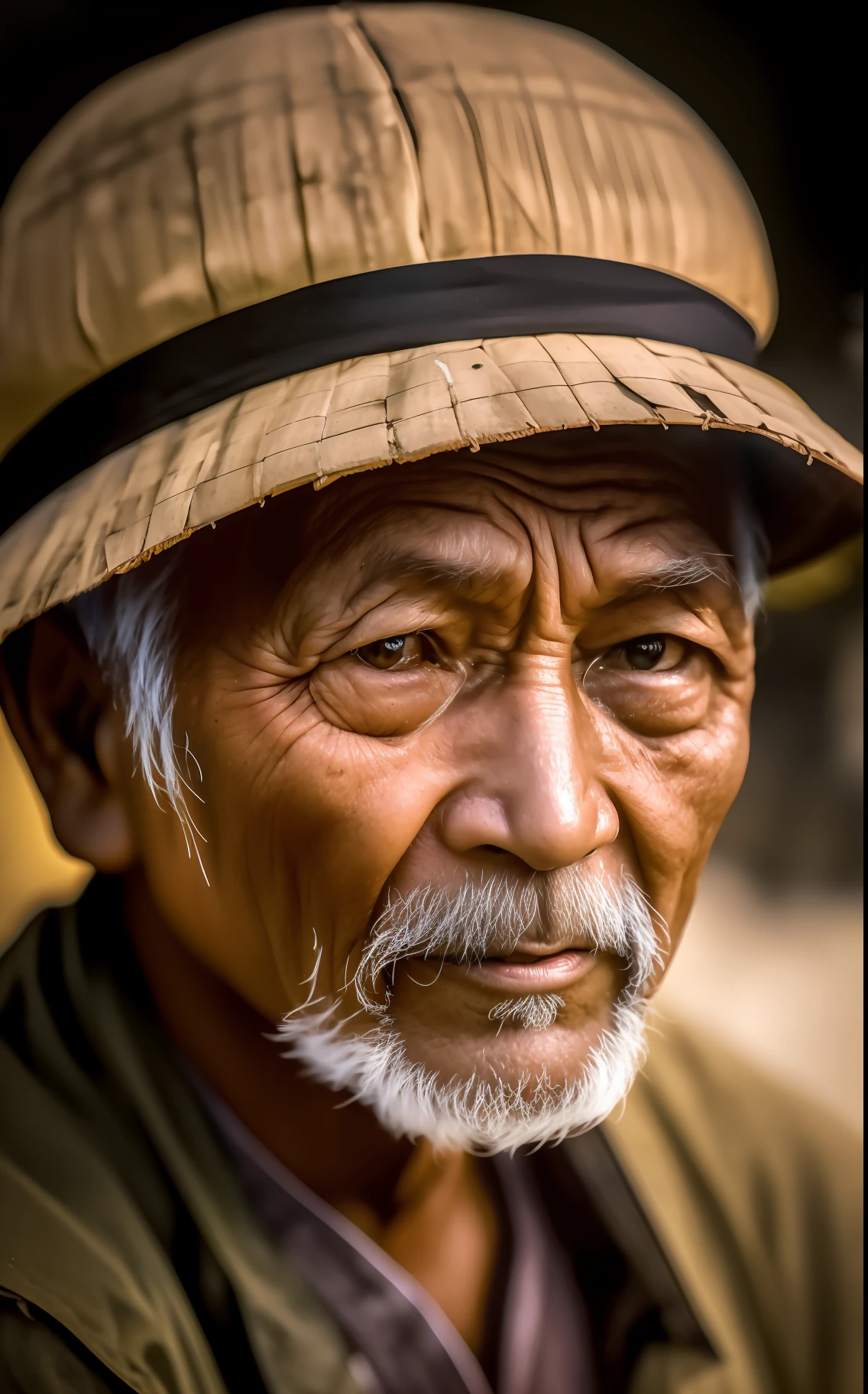 A close-up of a Vietnamese old man's face, illuminated by the light of a fire, with a backdrop of a dirty river and a shanty town. --auto --s2