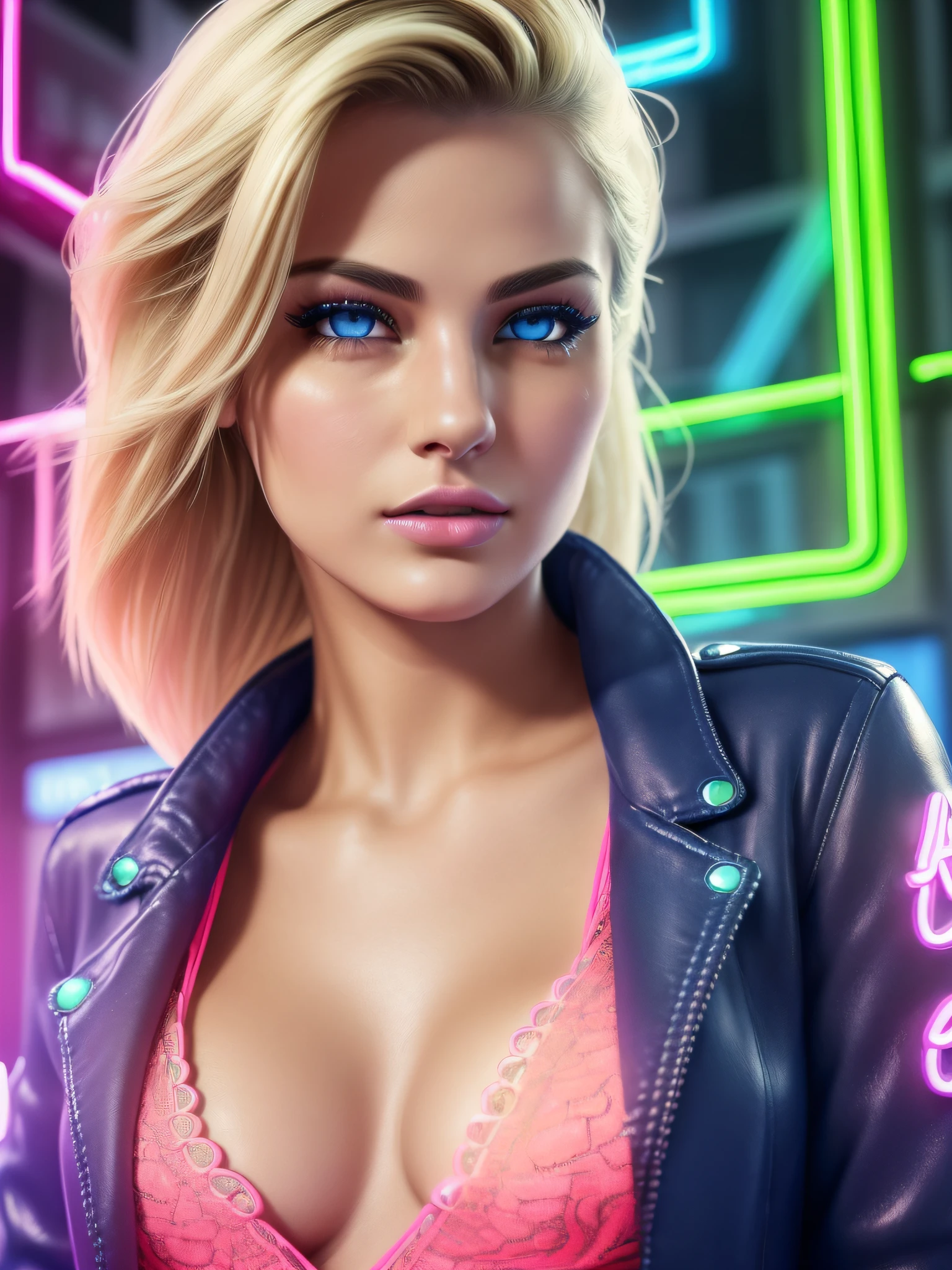 ((realistic:1.5)), ((ultra quality)), ((masterpiece)), ((detailed)), (1girl) a close up of a woman, perfect skin, small breasts, short messy blonde hair, in leather jacket, blue jeans, sexy look, sexy outfit, sexy body, sexy girl, full body photo shoot, sexy pose, sexy look at the camera, very sexy, revealing outfit (detailed face, thick parted lips, beautiful eyes, detailed clothes, detailed at night, neon lights background:1.5)