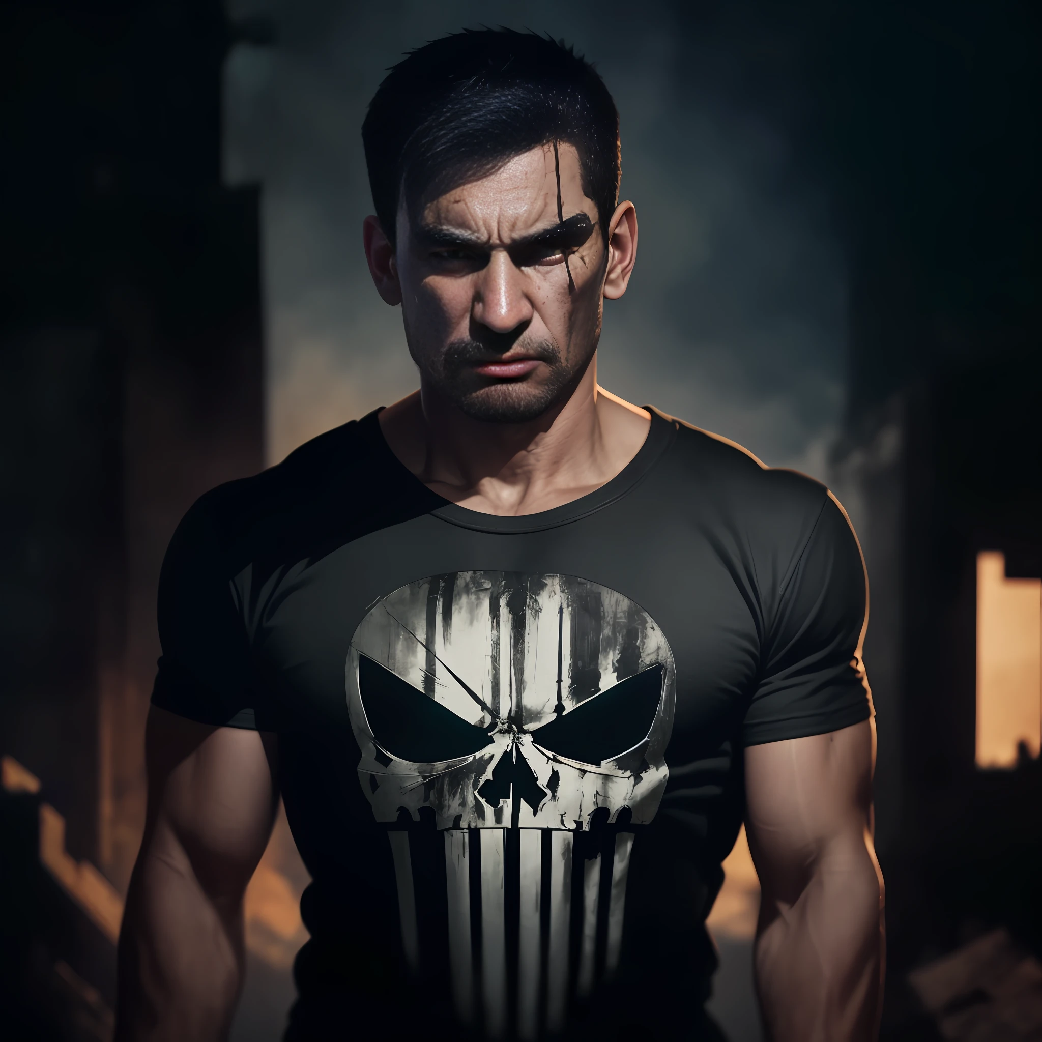 Author, masterpiece, best quality, Marvel Comic, USA, (The Punisher, black T-shirt with skull print :1.13), (messy short hair), (face with angry, male, strong expression), vivid colors, vintage color tones, full moon night, cinematic shading, artsation, hd, soft motion blur, soft inner vignette, soft warm luminosity, Chicago suburb, wind, dust, debris
