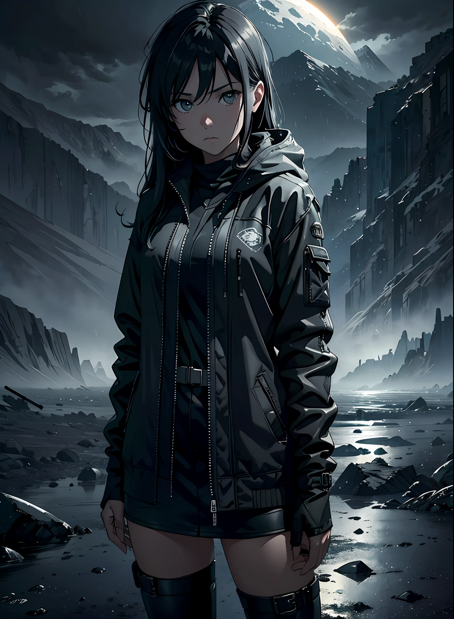 16K, HDR, RTX, ray tracing, anisotropic filtering, subsurface scattering, albedo, dark vast open landscape, total solar eclipse, best quality, masterpiece, realistic, highly detailed, 1 girl ,solo, closeup, beautiful, jacket, long hair, in a post apocalyptic world, grey clouds, no grass, hideo kojima style, gloomy atmosphere, windy, foggy, mysterious, main palette is grey, tense, serious, dangerous, horizon, mountains, rain