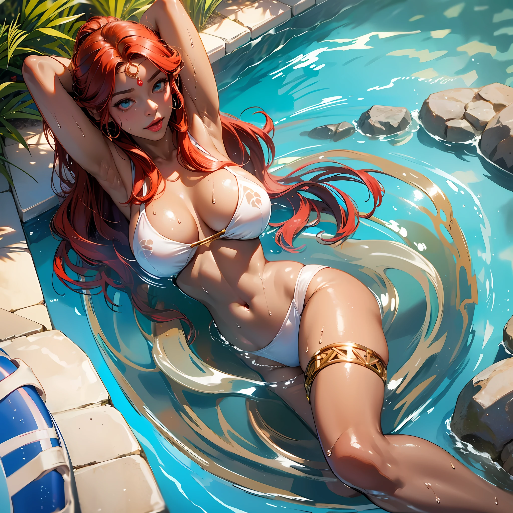 solo,full body, white swimsuit, View from above, (gerudo girl from legend of zelda), ((dark skin)), red hair, perfect body, looking with anticipation and extasy into camera, masterpiece, hyper realistic anime art, (((erotic pose))), seductive, sexy, 1 girl, ahegao, tongue out, saliva dripping, pure pleasure face, (water on breasts), sweating, wet skin, erotic, poolside, cleavage, lying on pool float, stretched legs, hand behind head --auto --s2