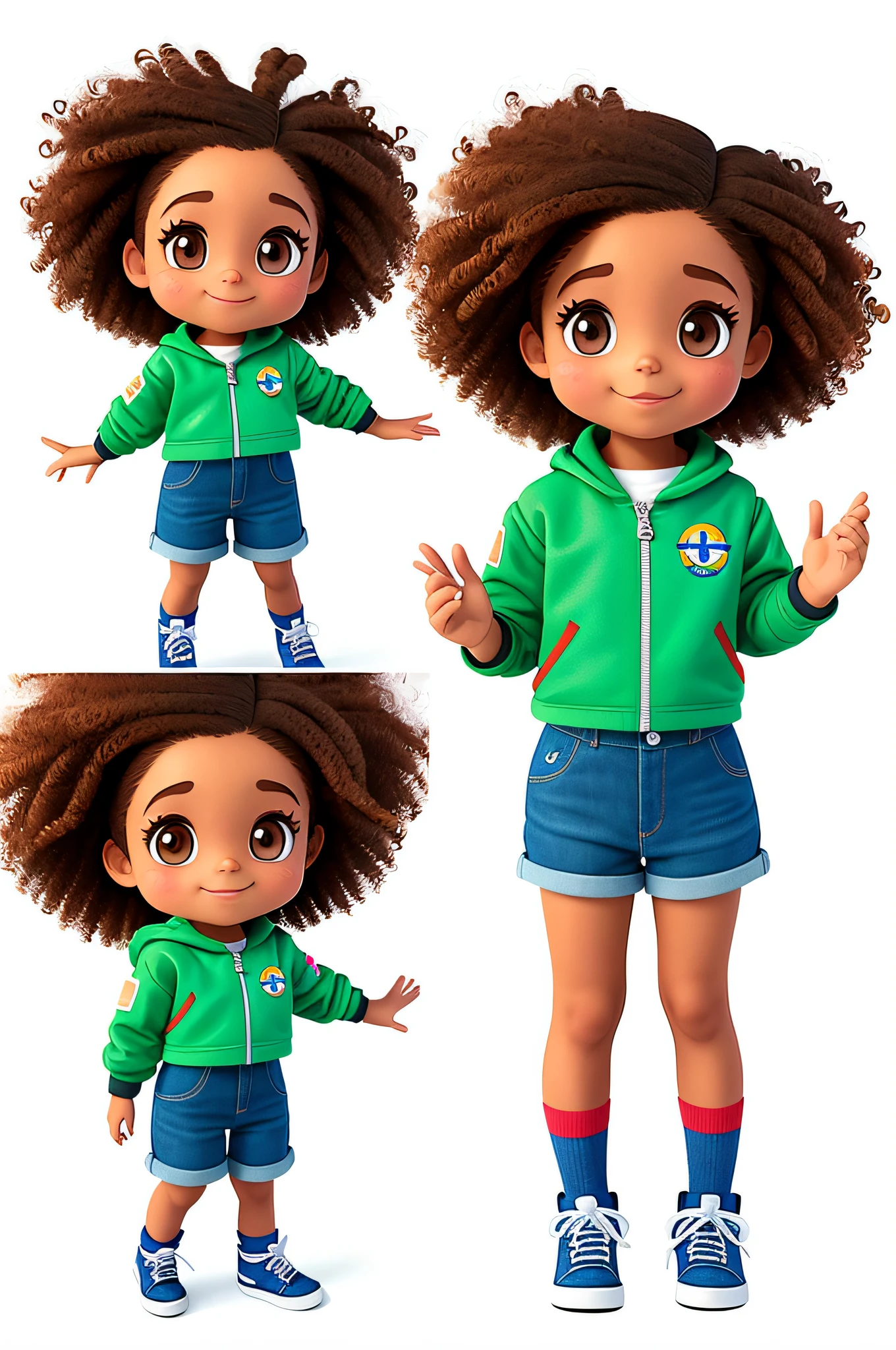 little girl explorer, various poses and expressions on white background, pixar style, simple, cute, 6 years old, colors, curly hair, brown skin, astronaut jacket, denim shorts no belt, no hat, no book, no glasses, no schoolbag