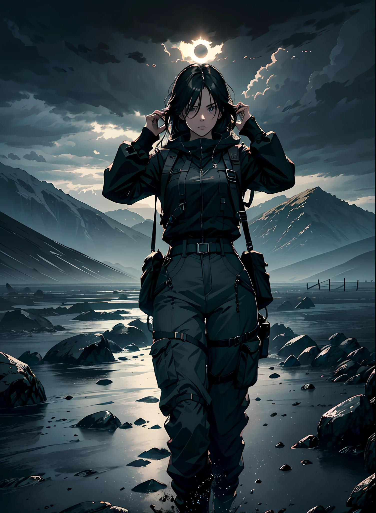 16K, HDR, RTX, ray tracing, anisotropic filtering, subsurface scattering, albedo, dark vast open landscape, total solar eclipse, Best quality, masterpiece, highly detailed, 1 girl ,solo, closeup, beautiful, jacket, long pants, long hair, in a post apocalyptic world, massive open landscape, grey clouds, no grass, hideo kojima style, gloomy atmosphere, windy, foggy, mysterious, main palette is grey, tense, serious, dangerous, horizon, mountains, rain, shallow water