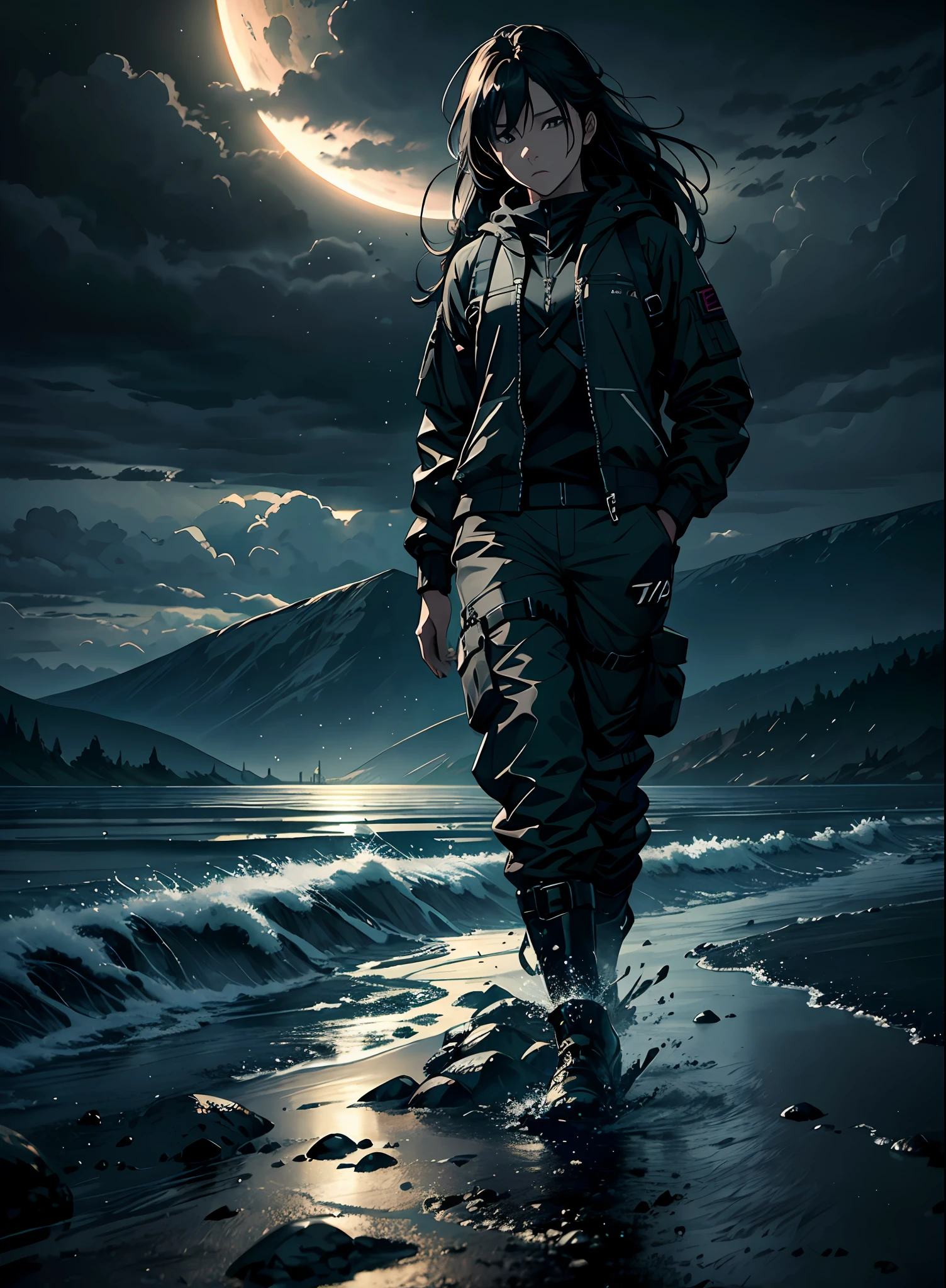 16K, HDR, RTX, ray tracing, anisotropic filtering, subsurface scattering, albedo, dark vast open landscape, total solar eclipse, Best quality, masterpiece, highly detailed, 1 girl ,solo, closeup, beautiful, jacket, long pants, long hair, in a post apocalyptic world, massive open landscape, grey clouds, no grass, hideo kojima style, gloomy atmosphere, windy, foggy, mysterious, main palette is grey, tense, serious, dangerous, horizon, mountains, rain, shallow water
