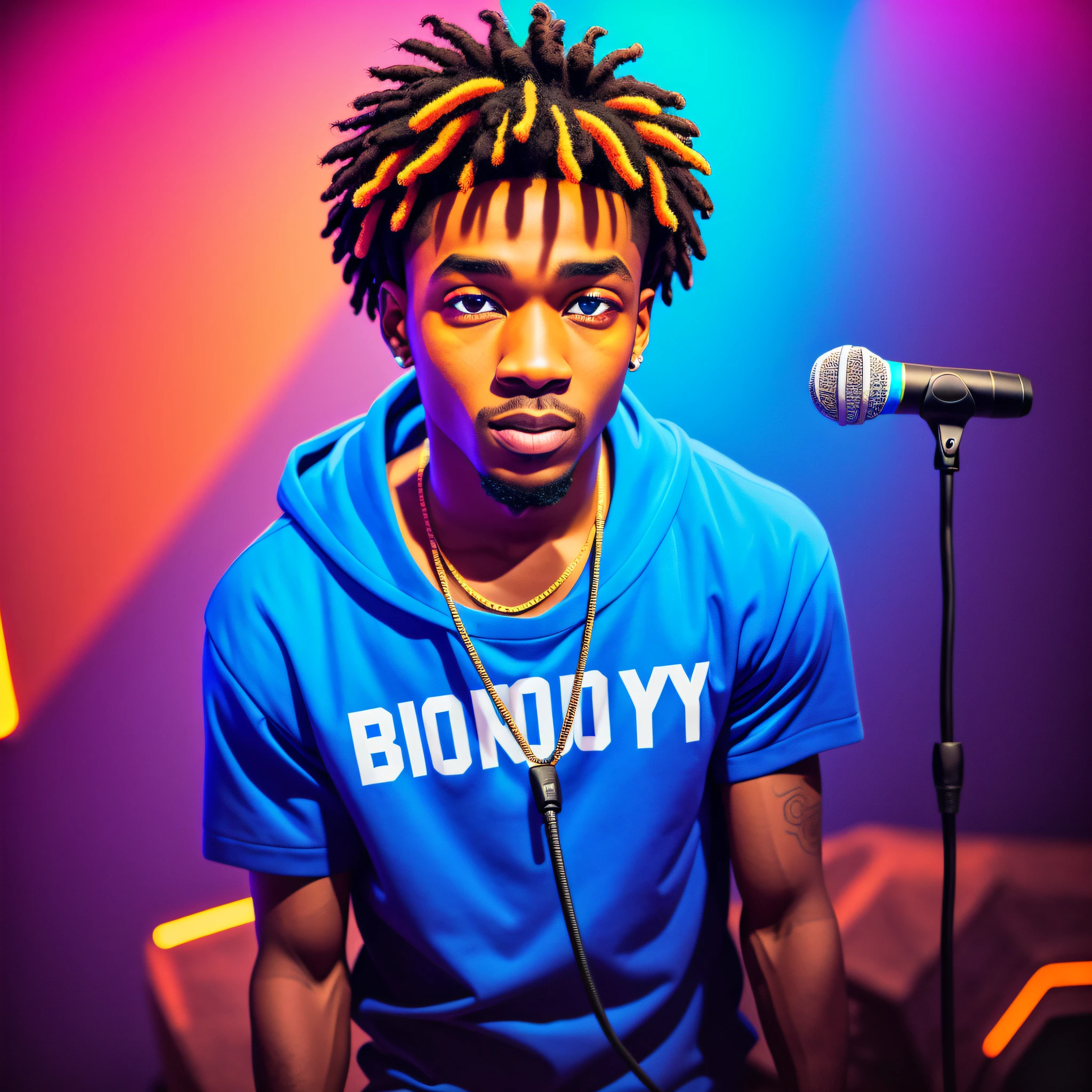 boy, microphone, hip hop, studio, black, brown skin, neon blue, bright look, light in the eyes --auto --s2