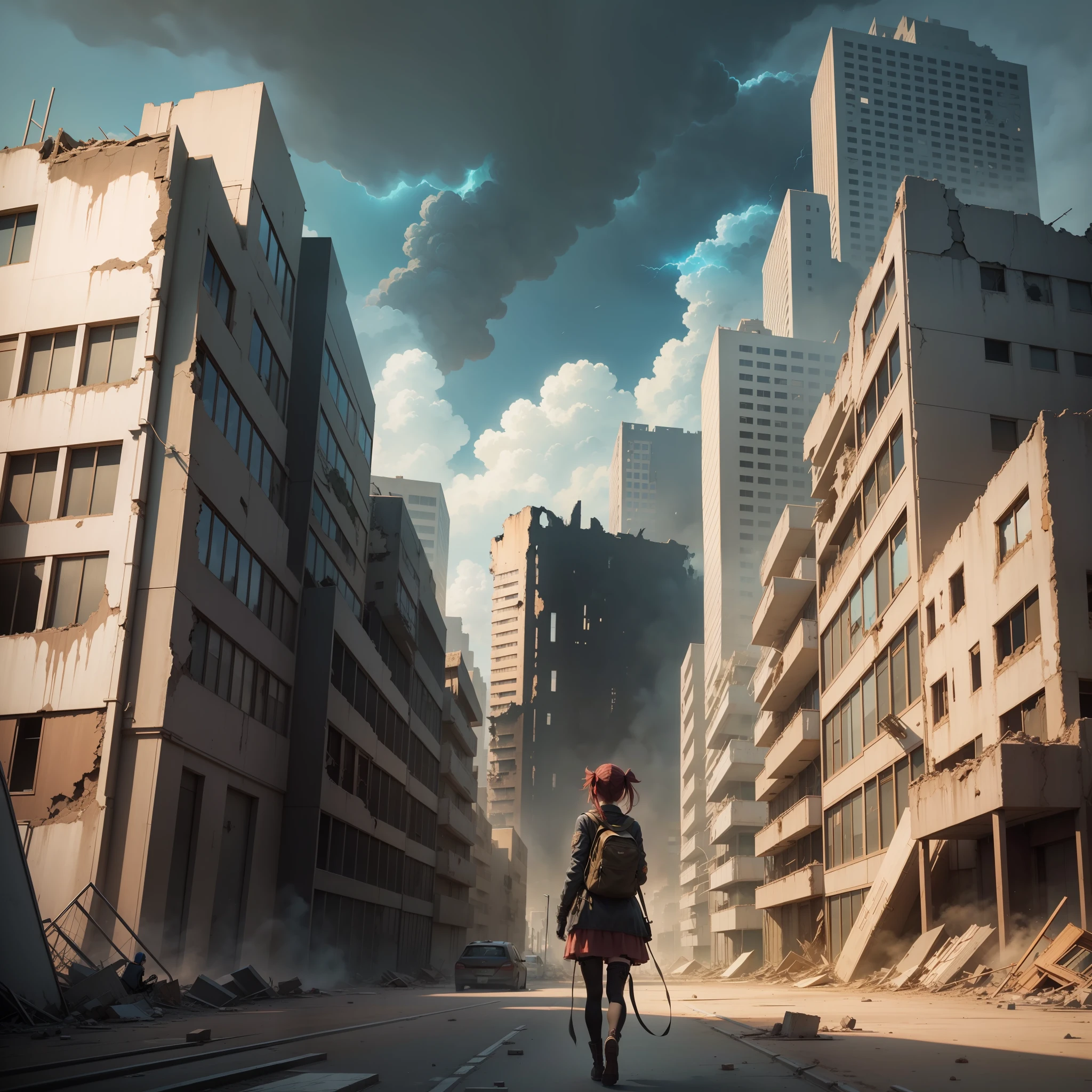 2D anime woman on her back admiring a post-apocalyptic setting, terror, destroyed buildings